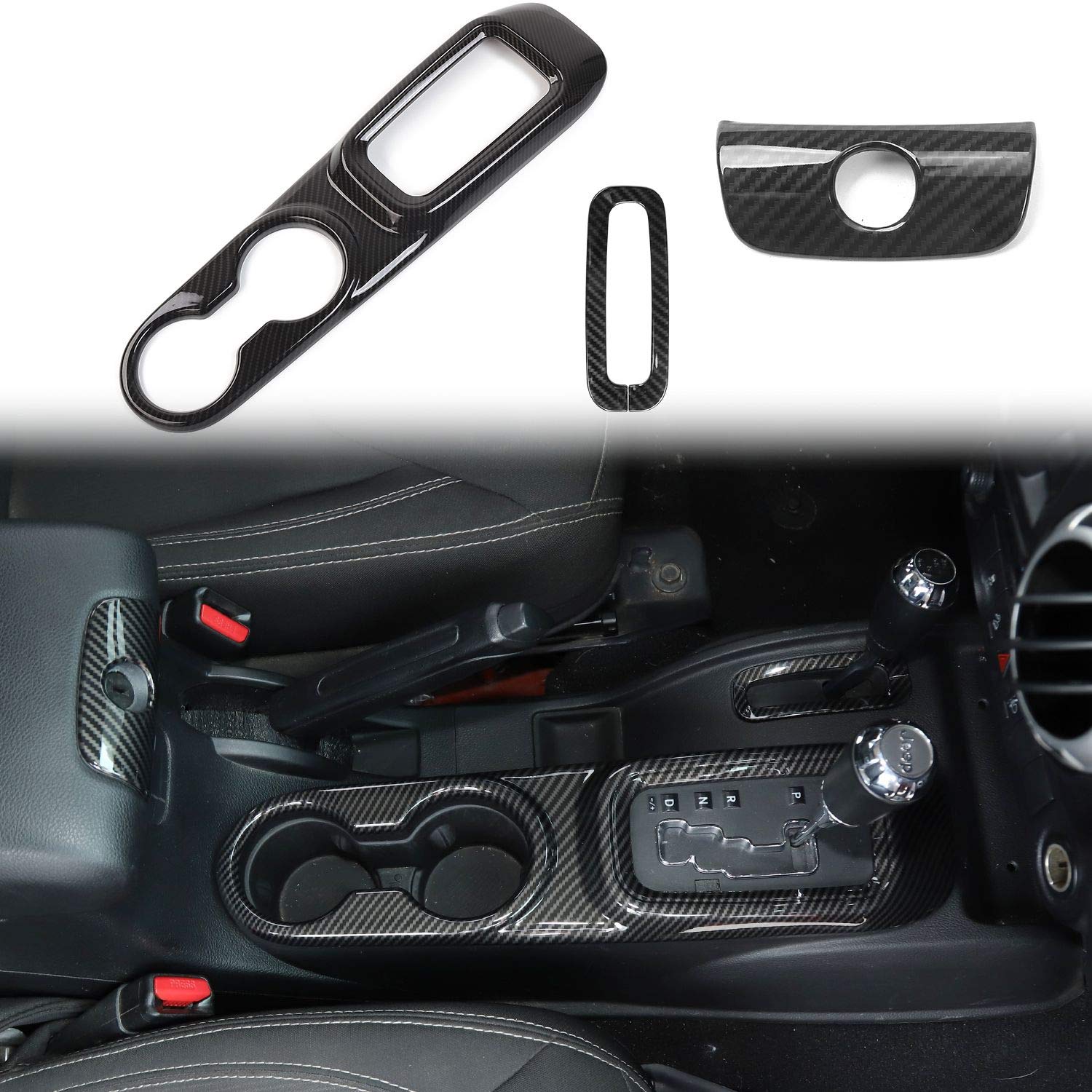 Jeep JK Center Console Armrest Cup Holder & Gear Shift Trim - ABS Carbon Fiber 3pcs Set for 2011-2018 Jeep Wrangler JK/JKU | Interior Upgrade Accessories for Comfort & Organization