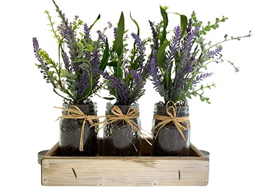 Wooden Flower Tray with Lavender in 3 Glass Canning Jars - Rustic Farmhouse Kitchen Table Centerpiece, Floral Arrangement, Shelf Decor for Living Room & Bathroom - Perfect for Home Decor, Wedding Centerpieces, and Farmhouse Style Gifts