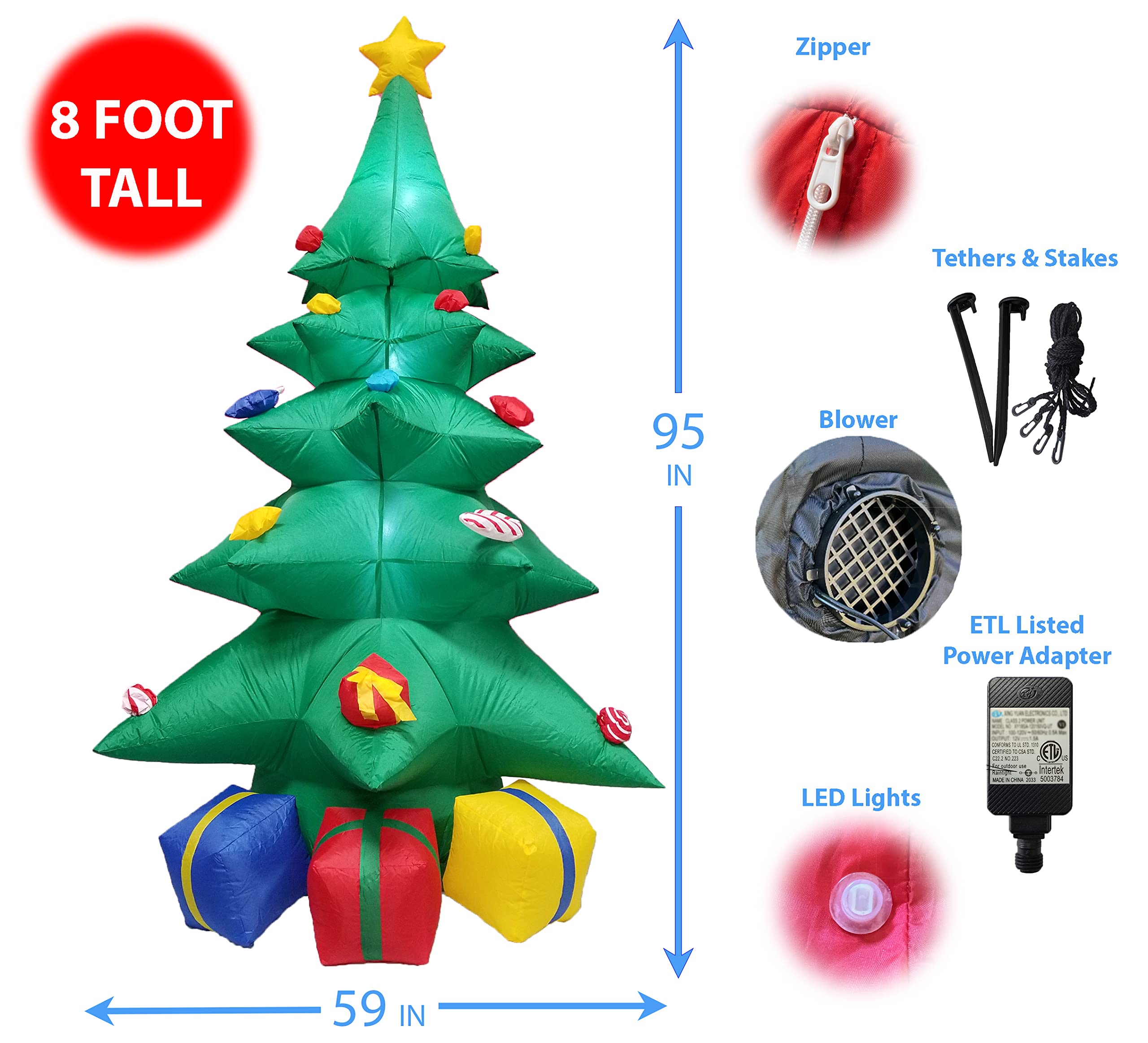 8ft Christmas Inflatable Stacking Elves & Green Tree Decor Set with Gift Boxes & Star - Outdoor Holiday Party Decorations for Yard, Lawn, and Home Christmas Decor