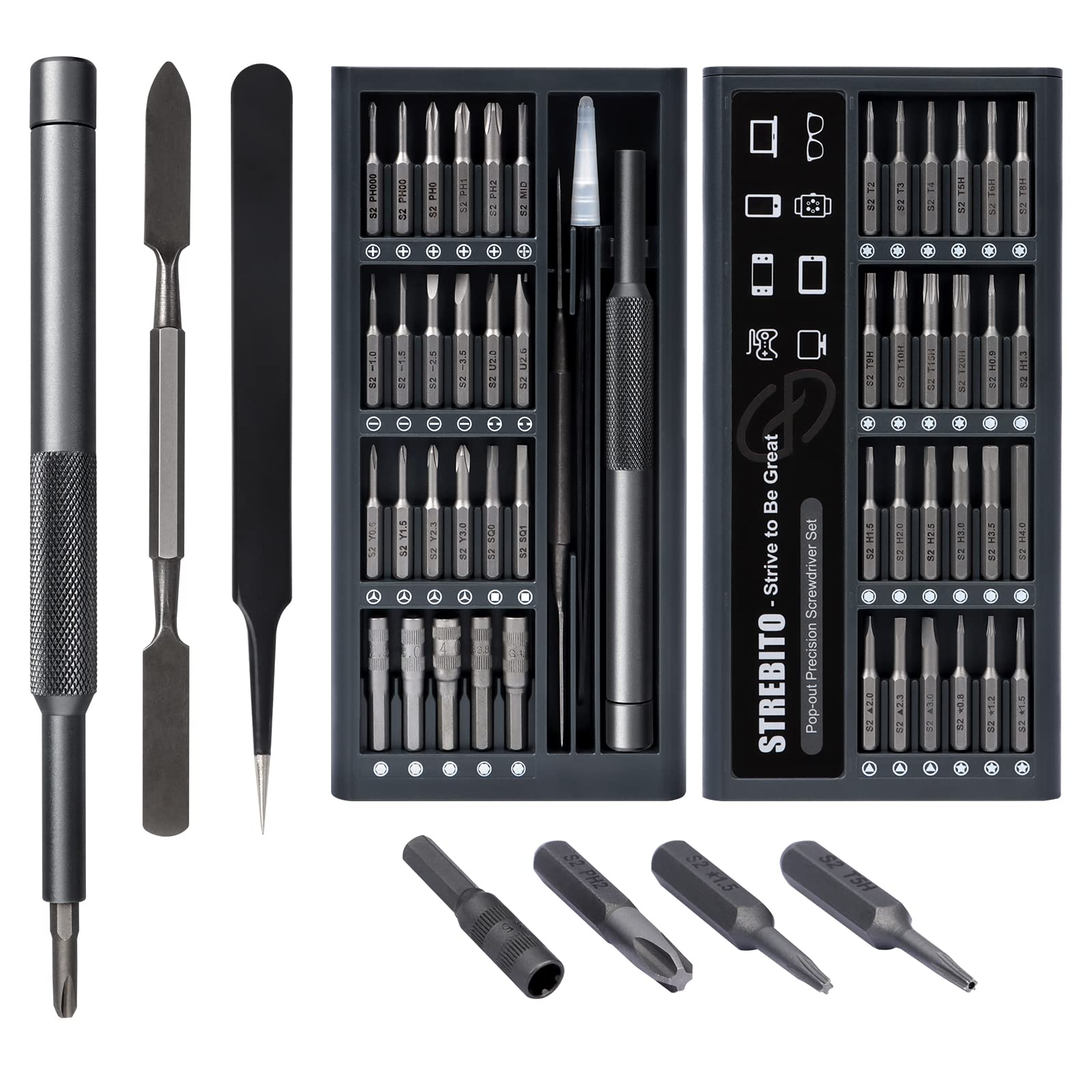 STREBITO 50 in 1 Precision Micro Screwdriver Set - Electronics Repair Tool Kit for iPhone, MacBook, PS5, Xbox Controller, Laptop, Smartphone, Watch & Small Devices - S2 Multi Bit Driver for Home & Professional Use