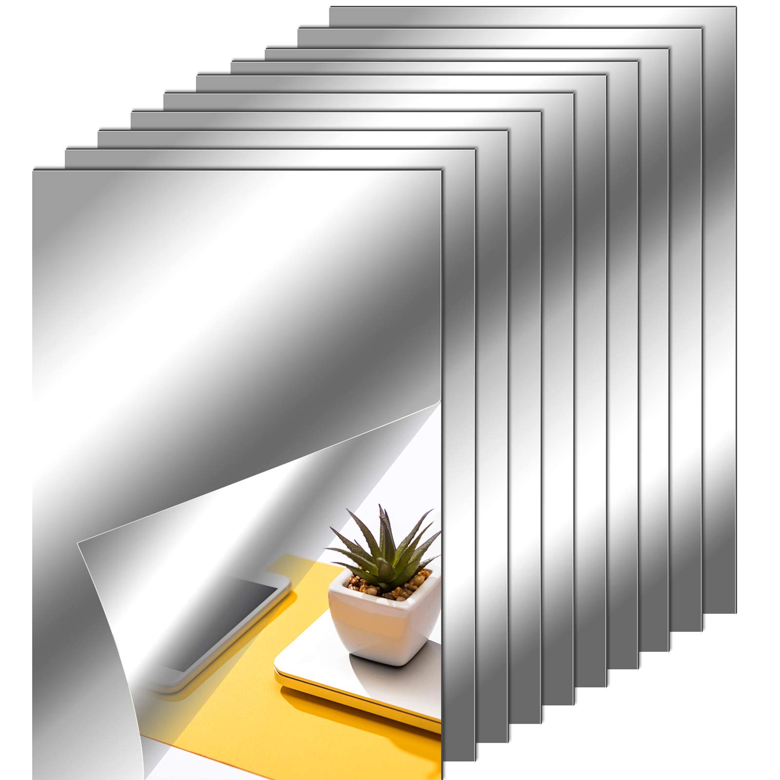 Flexible Self-Adhesive Mirror Sheets - Non-Glass Mirror Tiles for Wall Decor (10 Pack, 6x9 Inches) - Perfect for Home, Office & DIY Projects