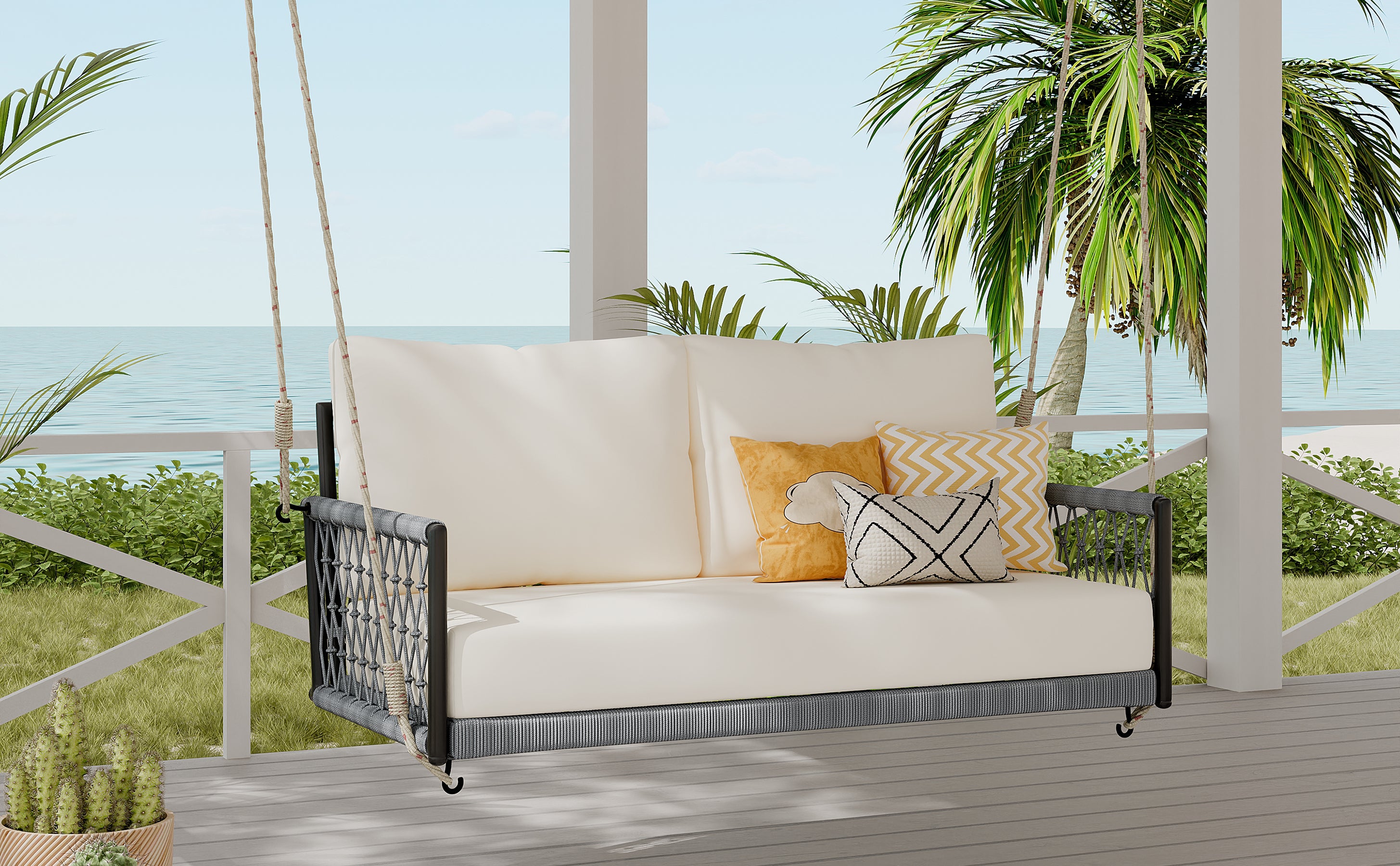 1 Piece Woven Rope Outdoor Swing Sofa with Soft Cushions - Seats 2 People - Perfect for Patio, Courtyard, Balcony & Garden Relaxation (Beige) - Ideal for Lounging, Reading & Outdoor Entertaining