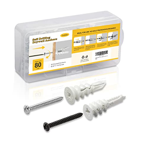 Lenink 100-Piece Self-Drilling Drywall Anchors Kit with Screws - Heavy Duty 50Lbs & 80Lbs Capacity (25 Black + 25 Silver Screws with Plastic Anchors) - Perfect for Hanging Shelves, TVs, Mirrors & Home Decor