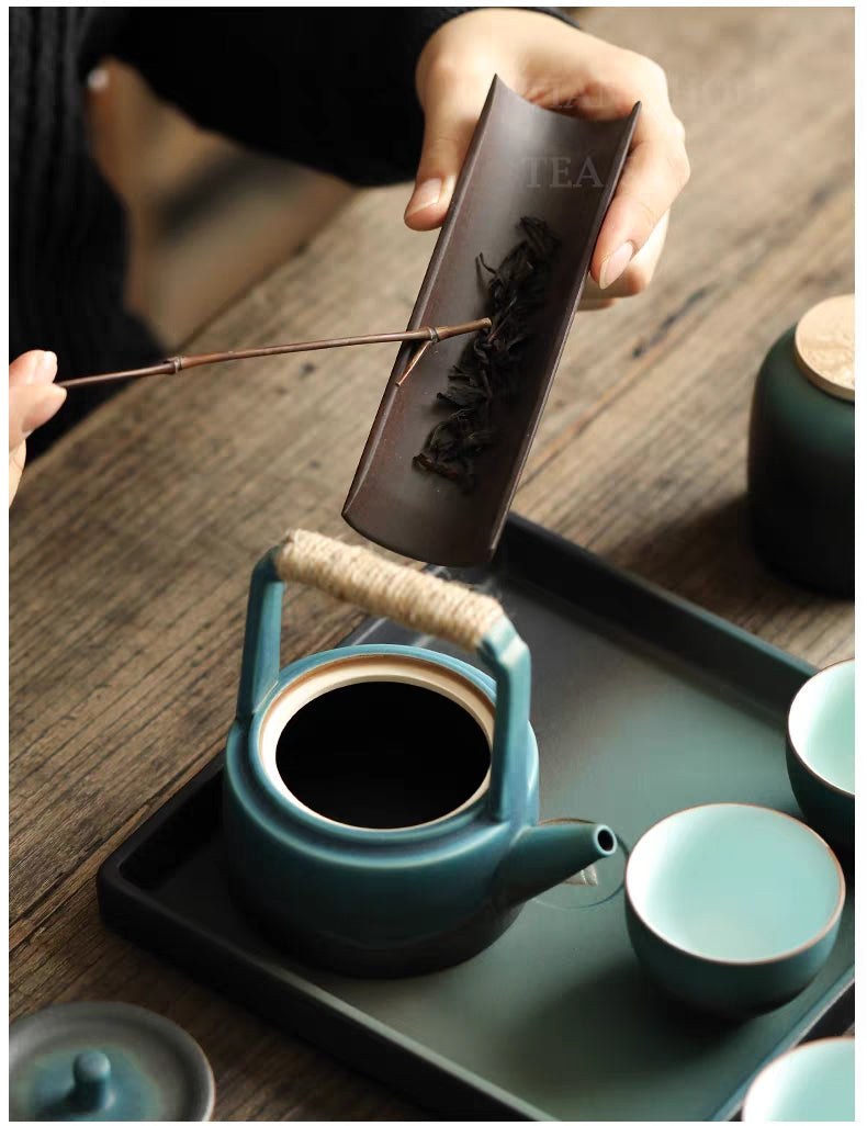 Premium Japanese Cyan Ceramic Tea Set - Traditional Handcrafted 6-Piece Set for Matcha, Green Tea & Herbal Tea | Perfect for Home, Office & Tea Ceremonies