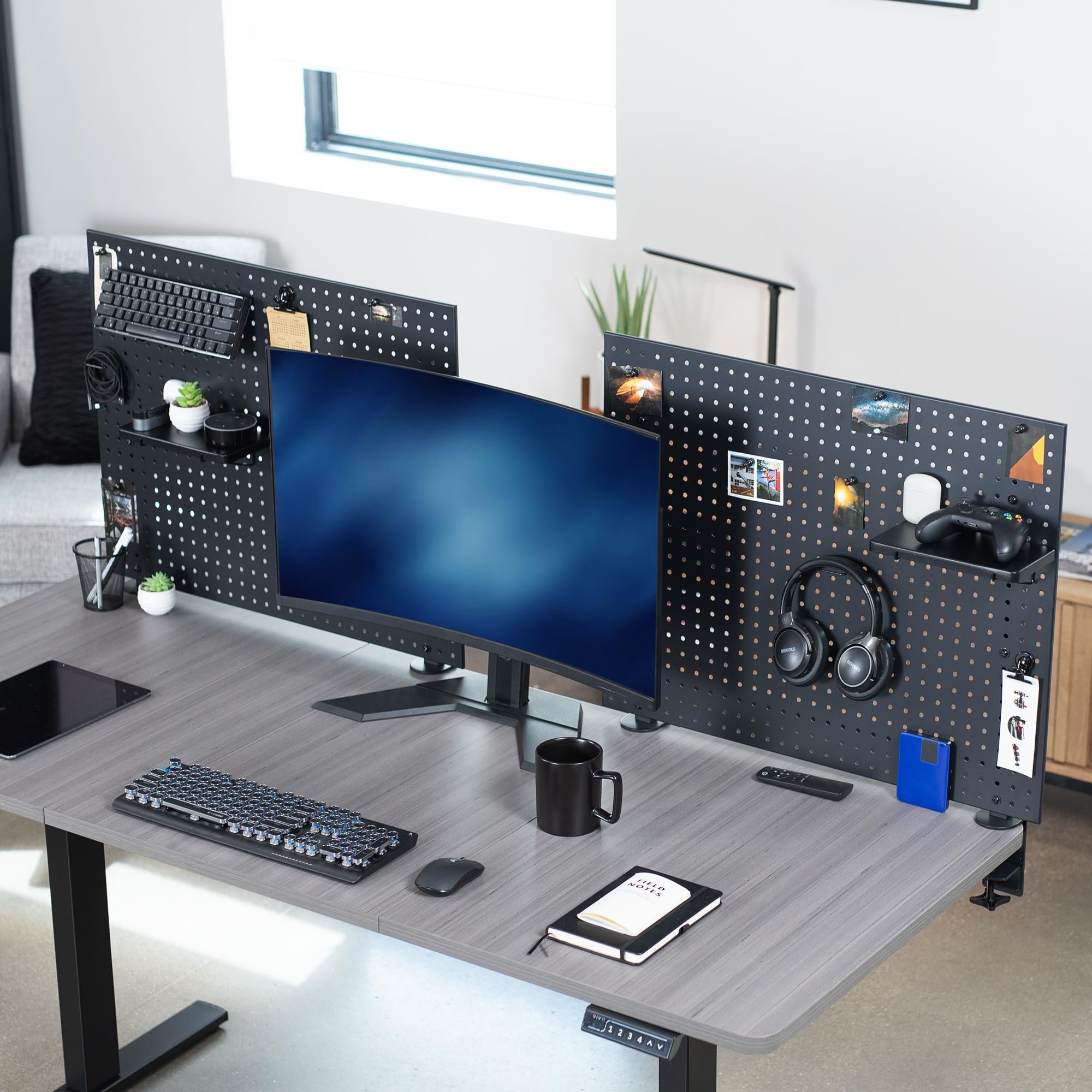 VIVO Steel Clamp-on Desk Pegboard 60x24 Inch - Magnetic Office Organizer with Privacy Panel - Black (PP-DK30B-2) - Perfect for Home Office, Workspace Organization & Under Desk Storage Solutions
