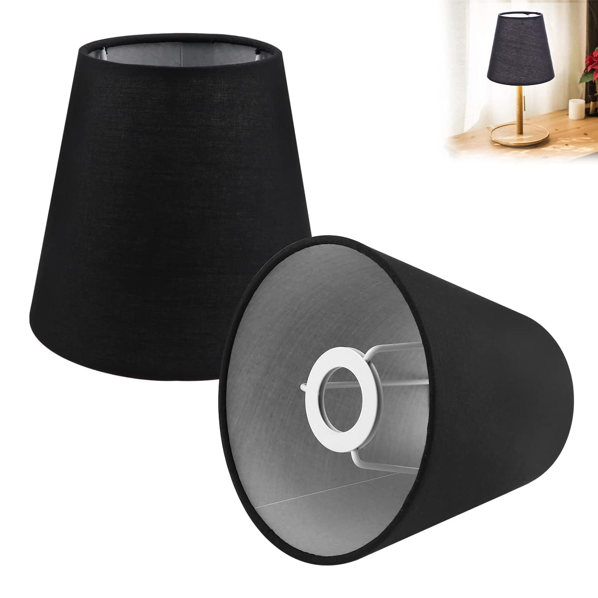 2-Pack Small Linen Lamp Shades - Clip-On Barrel Fabric Lamp Covers for Bulbs - Black Linen Replacement Shades for Bedroom, Nightstand, Wall & Table Lamps - Perfect for Cozy Lighting & Home Decor