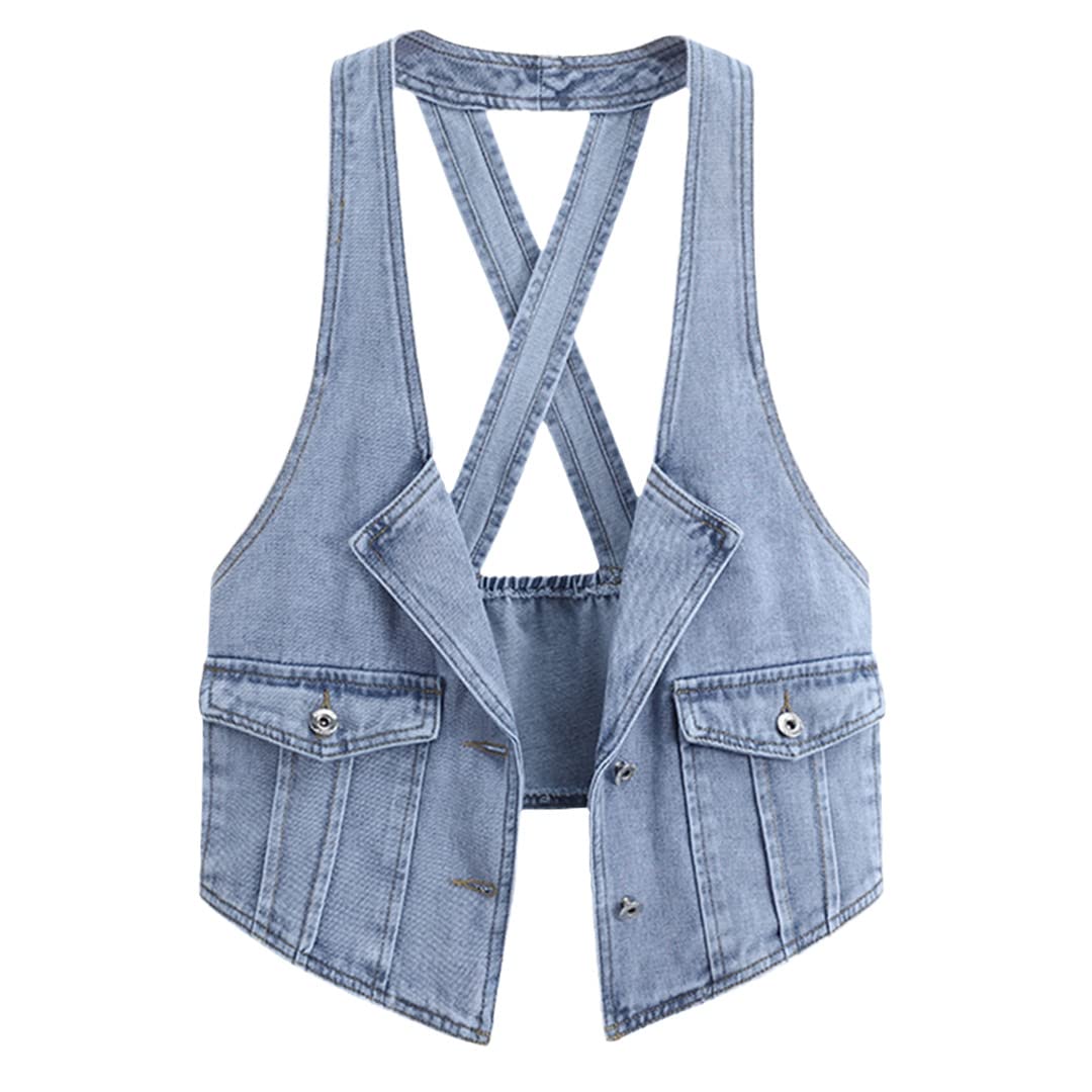 Women's Denim Vest - Slim Fit Sleeveless Jacket with Collar for Spring & Autumn | Casual Solid Color Coat for Layering, Street Style & Everyday Wear