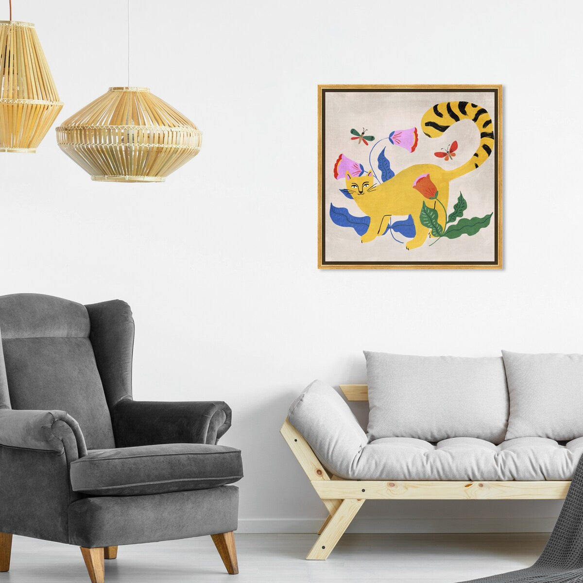 Blonde Tabby Floral Kitten Butterfly Garden Modern Yellow Framed Canvas Wall Art Print - Perfect for Bedroom, Living Room & Nursery Decor