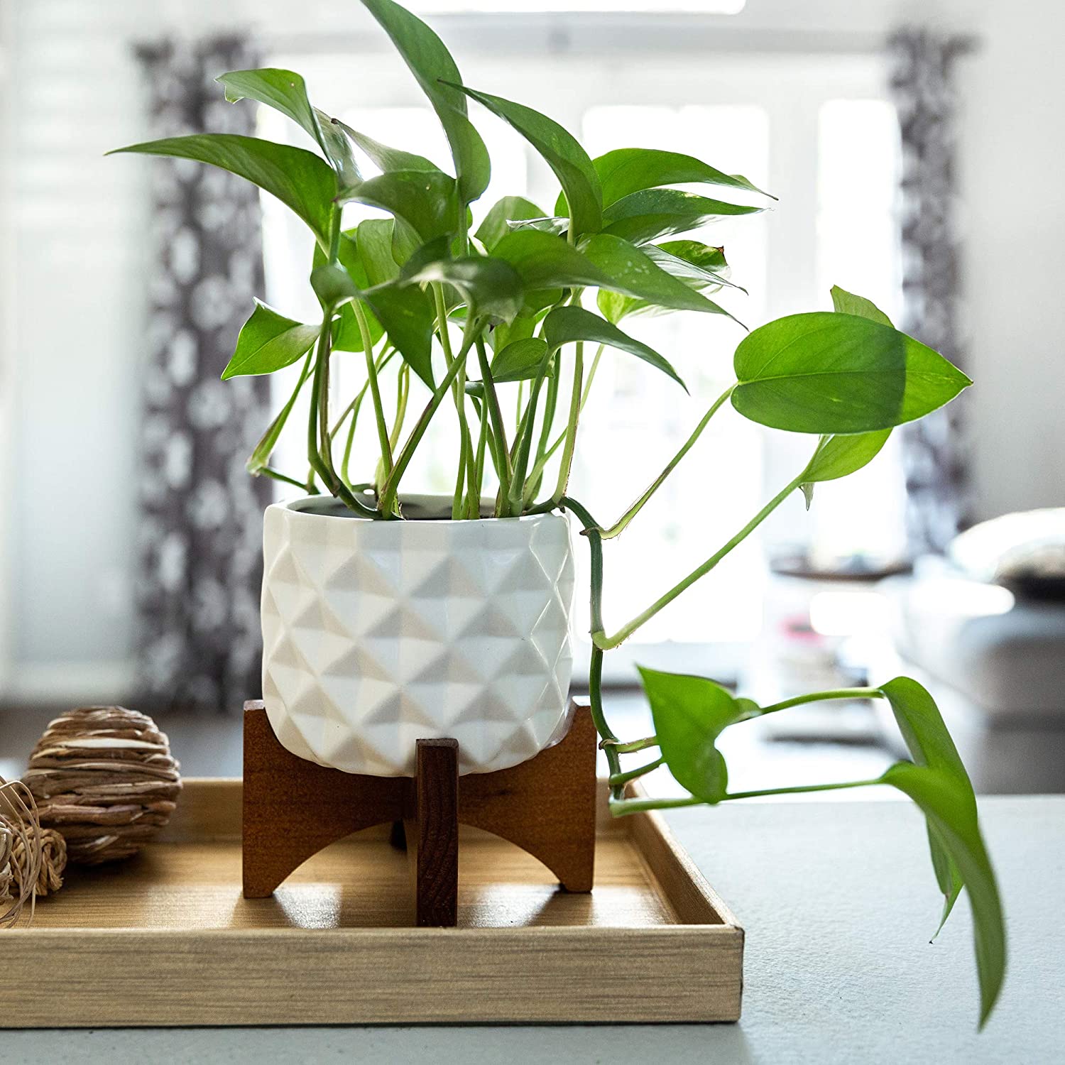 Mid Century Ceramic Vase with DIMPLE Pattern - 5 Inch Matte White Floral Vase on Wooden Stand | Perfect for Home Decor, Wedding Centerpieces & Boho Chic Interior Design