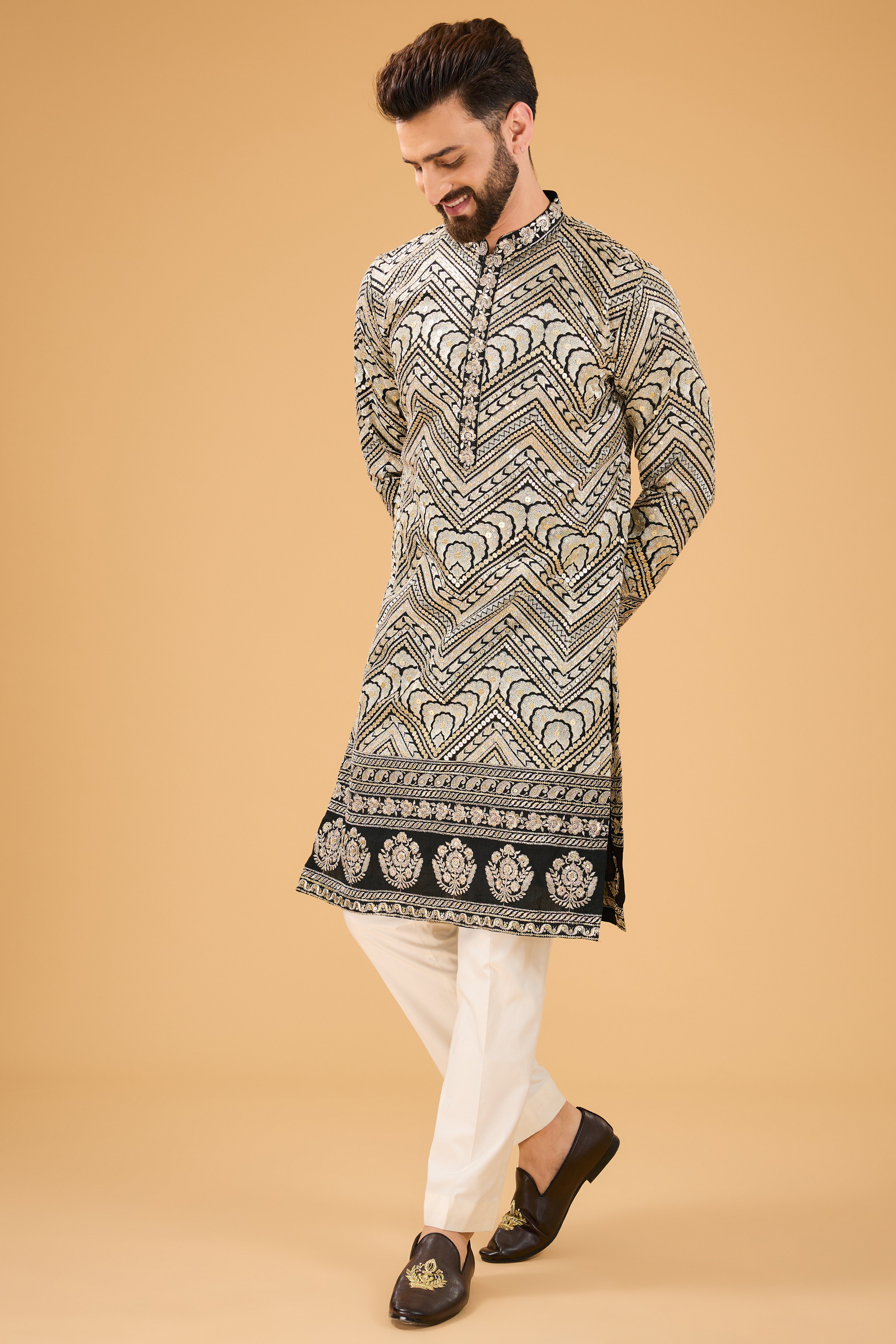 Exclusive Black Embroidered Kurta with Detailed Zari Work - Elegant Traditional Wear for Festivals, Weddings & Special Occasions