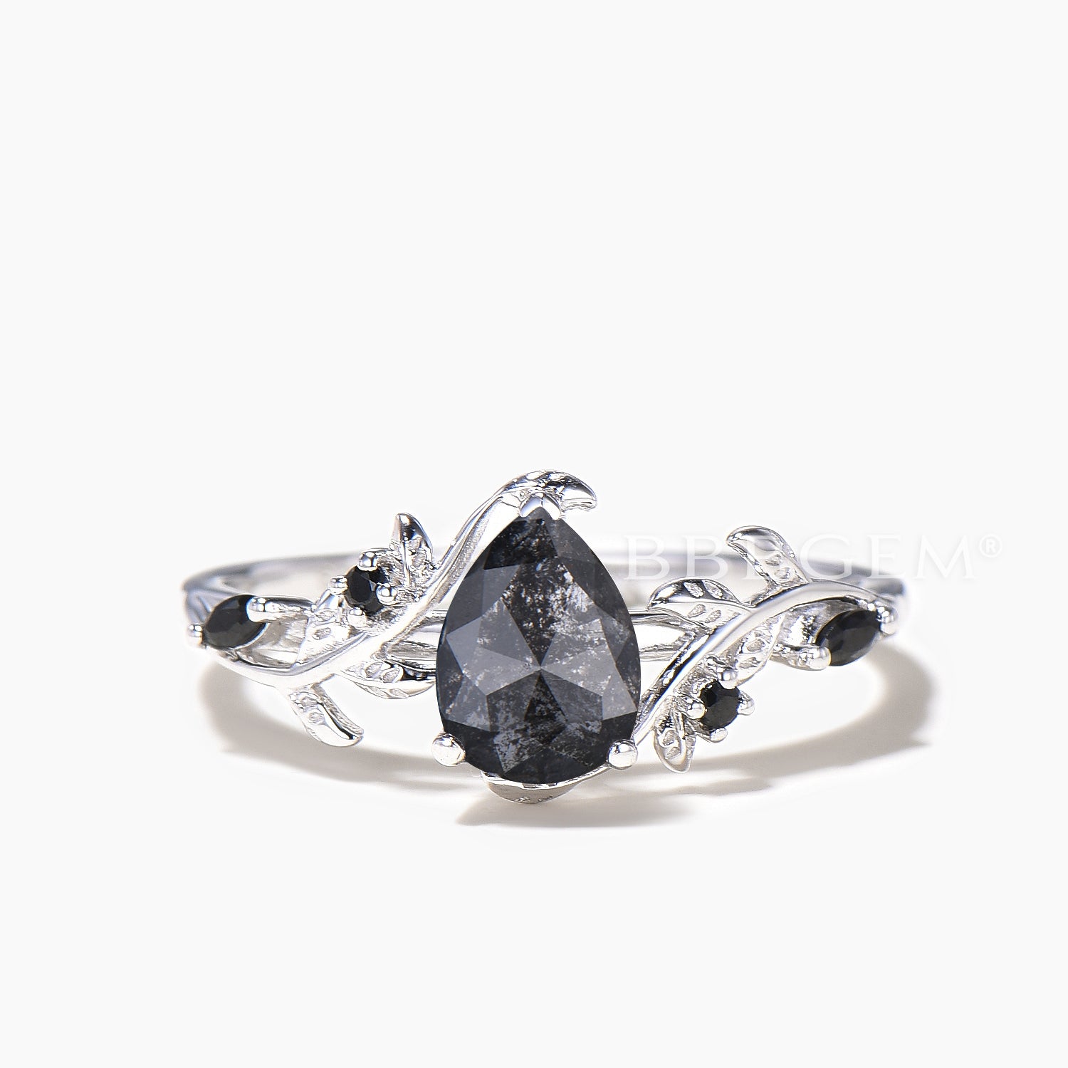 Natural Salt and Pepper Diamond Wedding Ring for Women - Pear Cut, Platinum Band, Nature Inspired Design - Perfect for Engagement, Anniversary & Bridal Jewelry