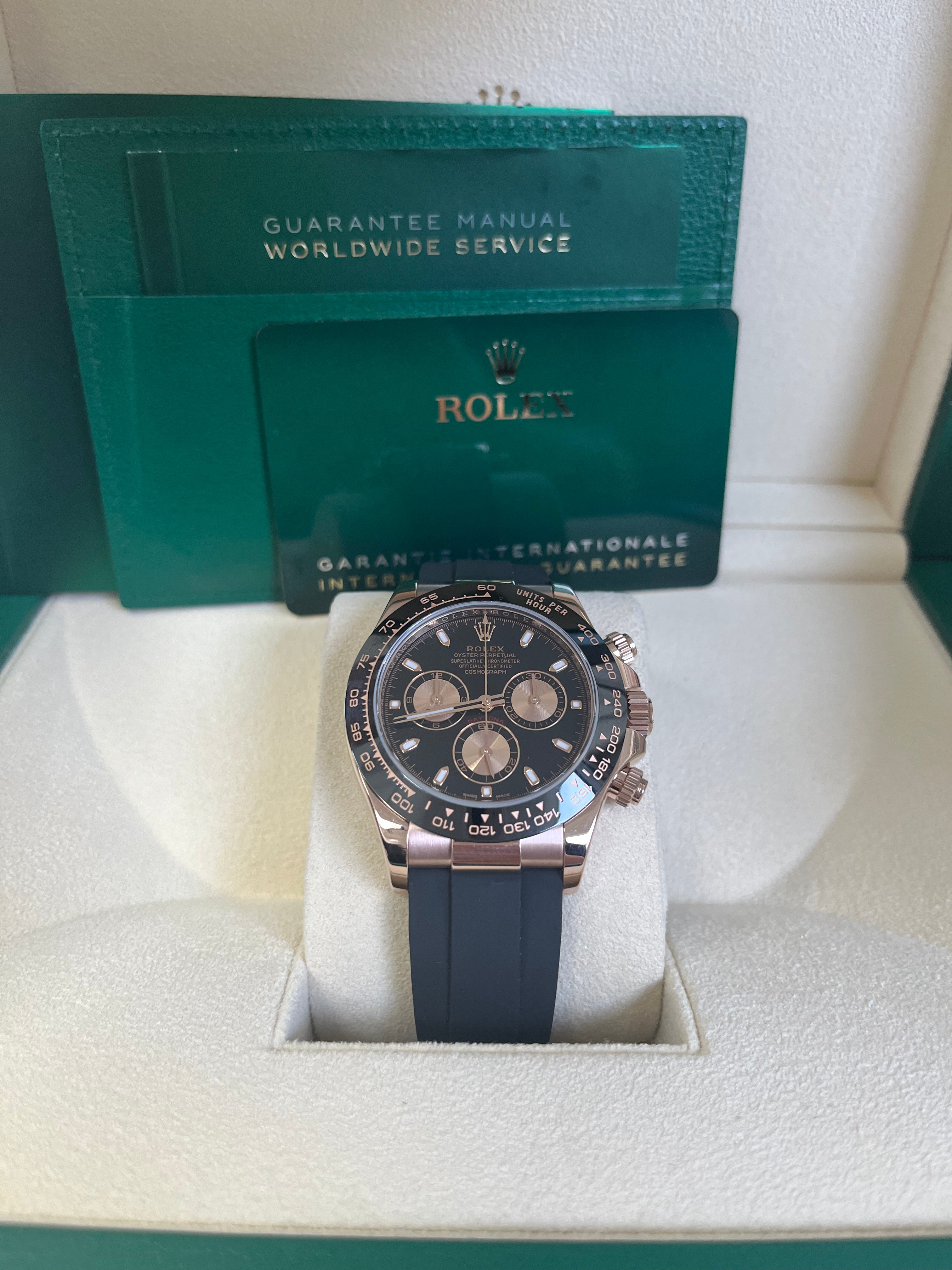 Rolex Daytona 40mm Rose Gold Watch with Black Index Dial & Oysterflex Strap - Ref.116515LN | Luxury Chronograph for Men, Perfect for Business Events & Special Occasions