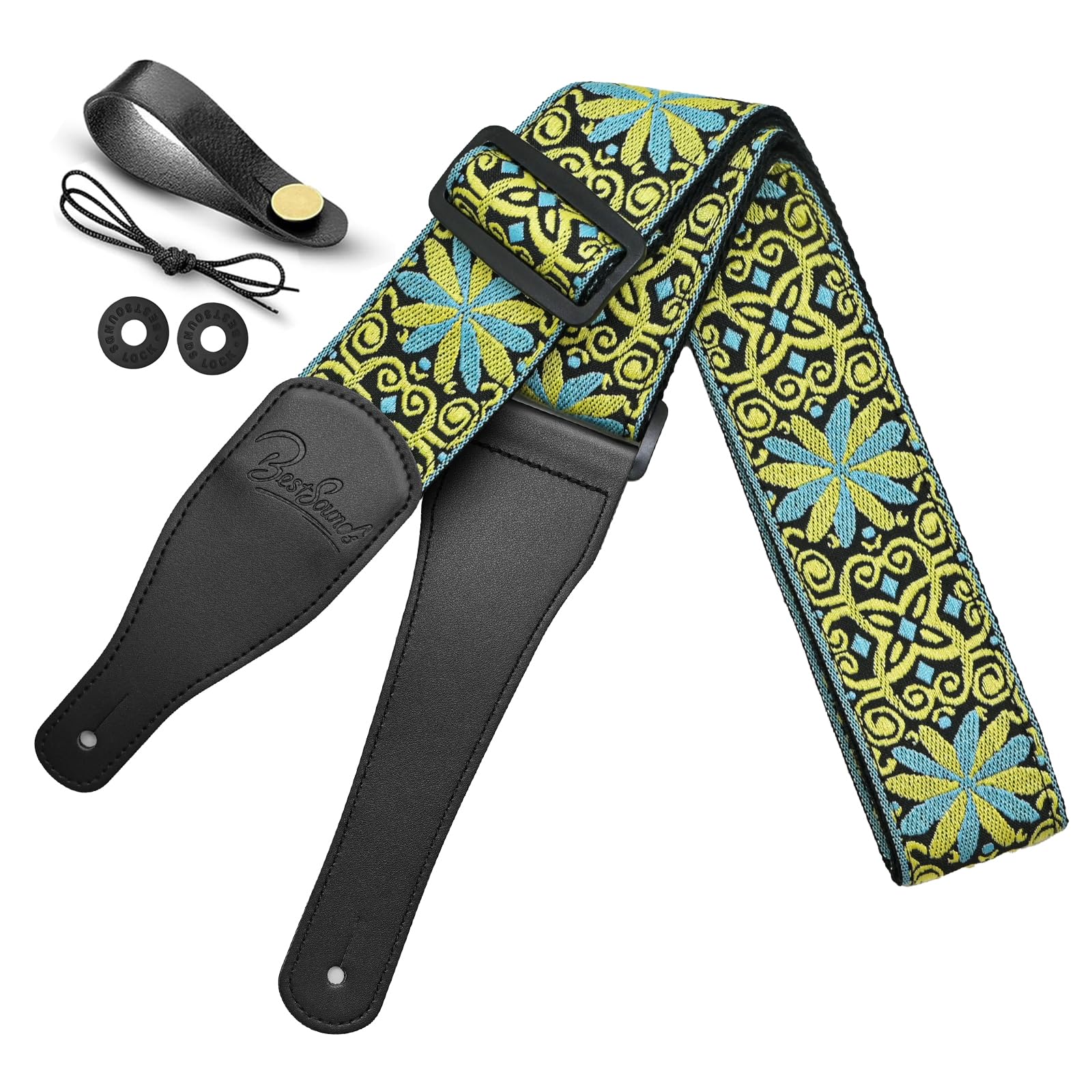 Premium Jacquard Embroidered Cotton Guitar Strap with Genuine Leather Ends - Adjustable Shoulder Strap for Bass, Acoustic & Electric Guitars - Perfect for Live Performances, Studio Sessions & Music Practice