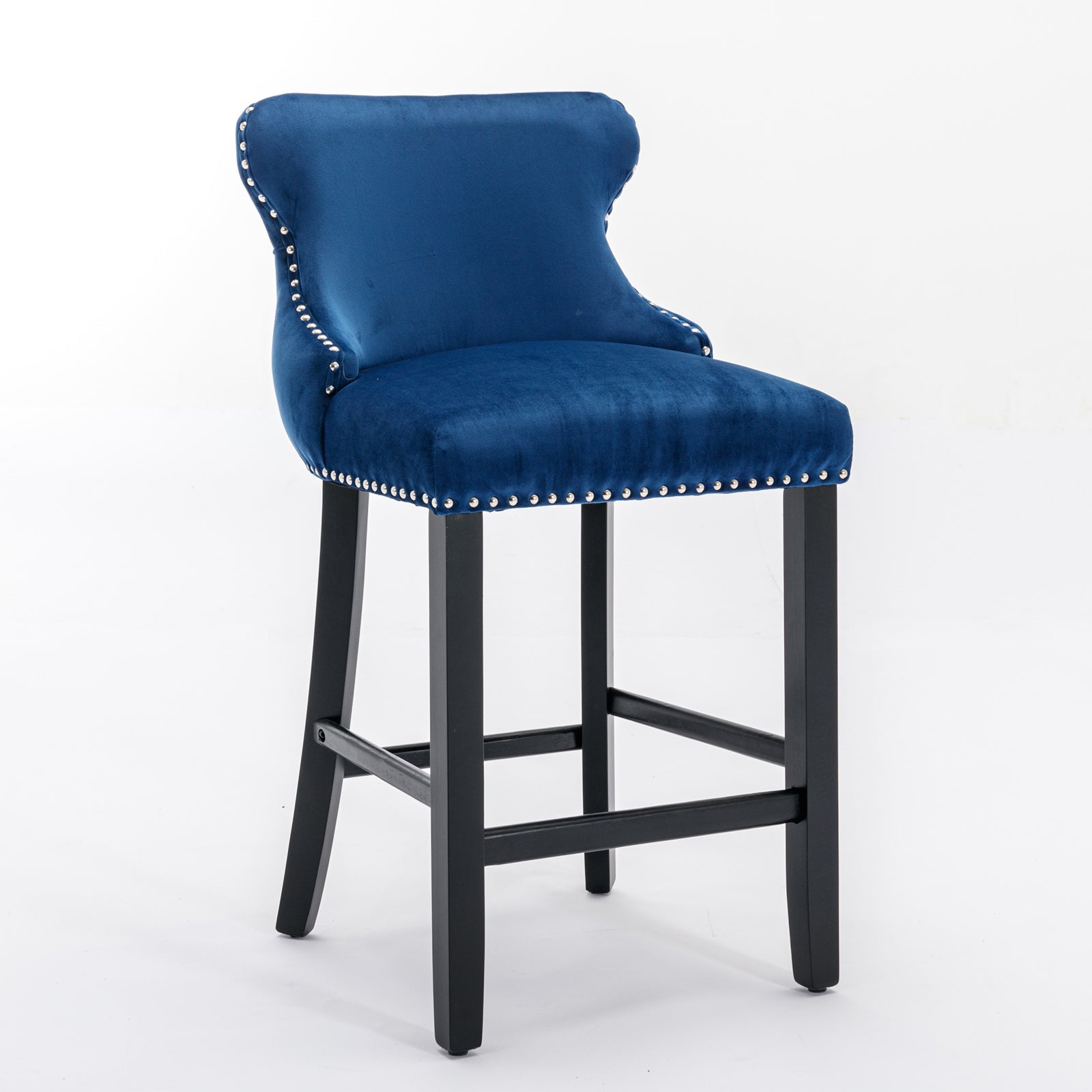 Contemporary Velvet Upholstered Wingback Bar Stools with Button Tufted Design, Wooden Legs & Chrome Nailhead Trim - Set of 4 Blue Bar Chairs (SW1824BL) for Kitchen Island, Breakfast Nook & Home Bar Decor