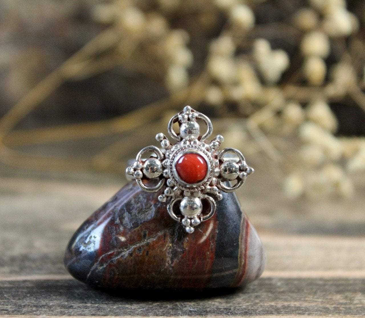 Adjustable Coral Double Dorje Ring - Tibetan Buddhist Meditation Jewelry for Men & Women - Perfect for Yoga, Spiritual Healing & Fashion Accessories