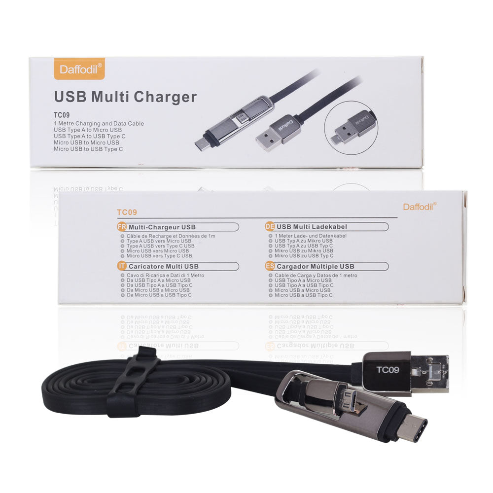 Fast Charging USB Multi Charger Cable - Micro USB & Type C Compatible - Daffodil TC09 - Perfect for Smartphones, Tablets & Power Banks