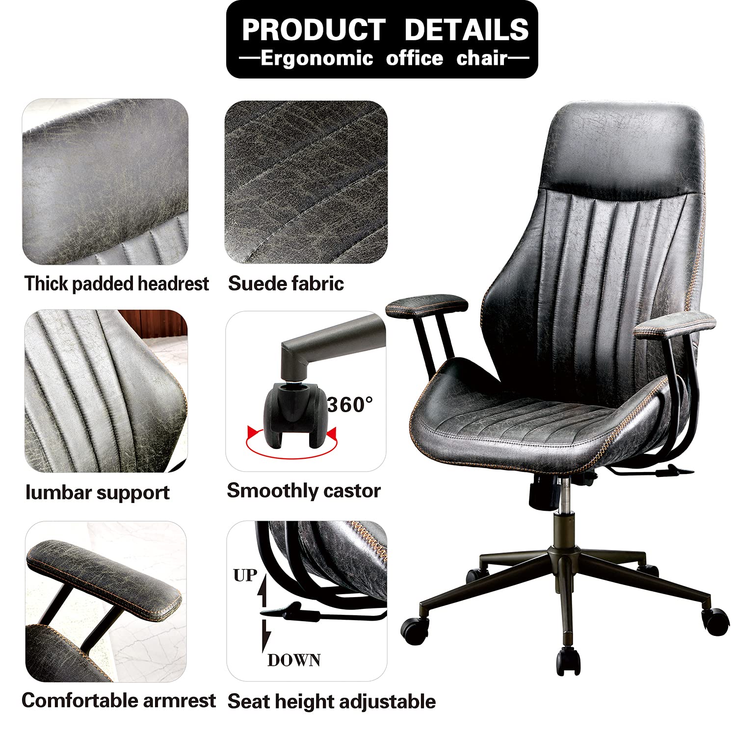 Ergonomic Office Chair - High Back Executive Computer Desk Chair with Adjustable Armrest & Lumbar Support for Home & Work (Dark Grey) - Perfect for Long Hours Sitting, Gaming & Remote Work