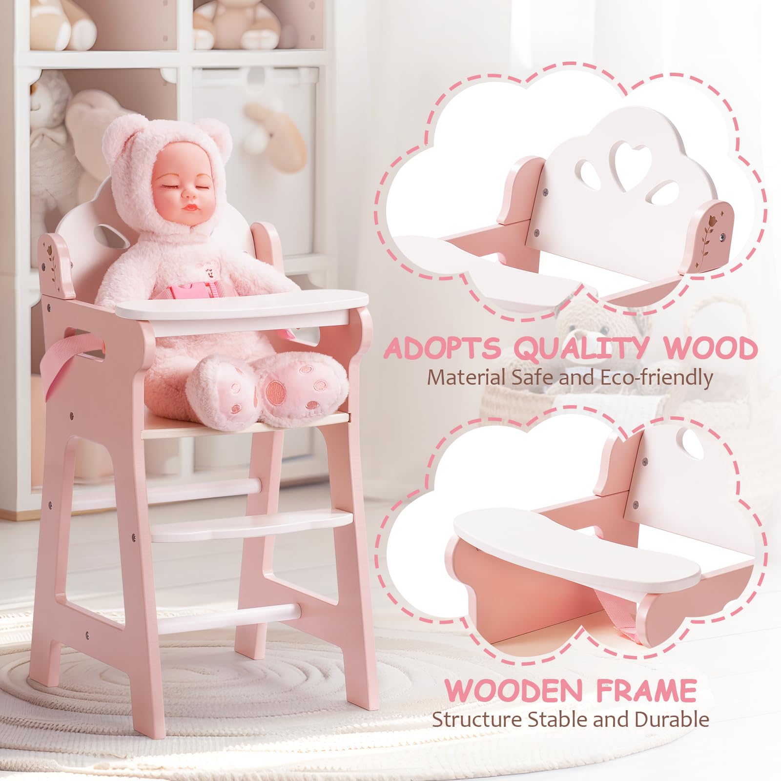 ROBUD Pink Wooden Baby Doll High Chair with Seat Belt & Movable Tabletop - Pretend Play Accessory for 18-20 Inch Dolls | Perfect for Kids Role Play, Tea Parties & Nursery Decor