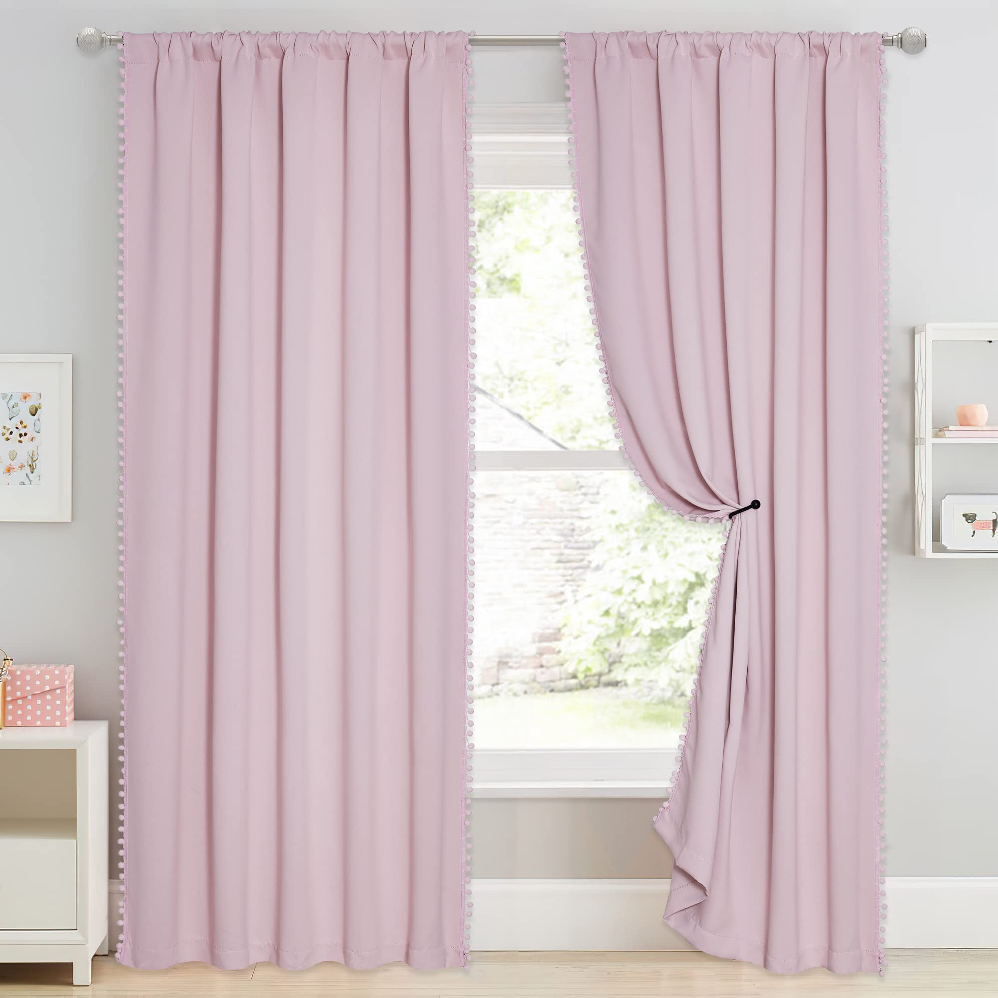 Pink Blackout Curtains for Girls Room - Thermal Insulated Pompom Room Darkening Drapes for Nursery & Baby Rooms | Cute Short Curtains for Kitchen & Small Windows (52