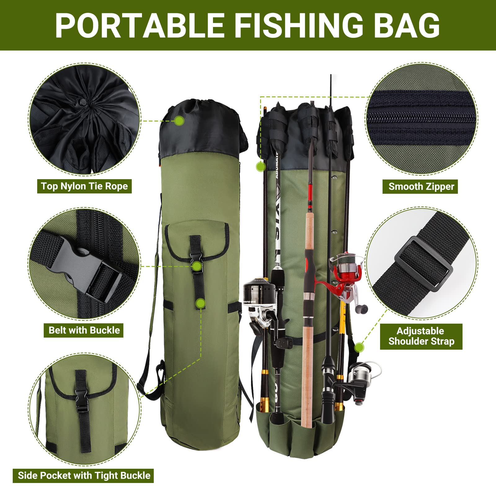 **FOUUAAOOU Fishing Rod Bag - Durable Folding Oxford Fabric Fishing Pole Case, Portable Fishing Gear for Men - Ideal for Travel, Storage & Fishing Gifts (Green)**