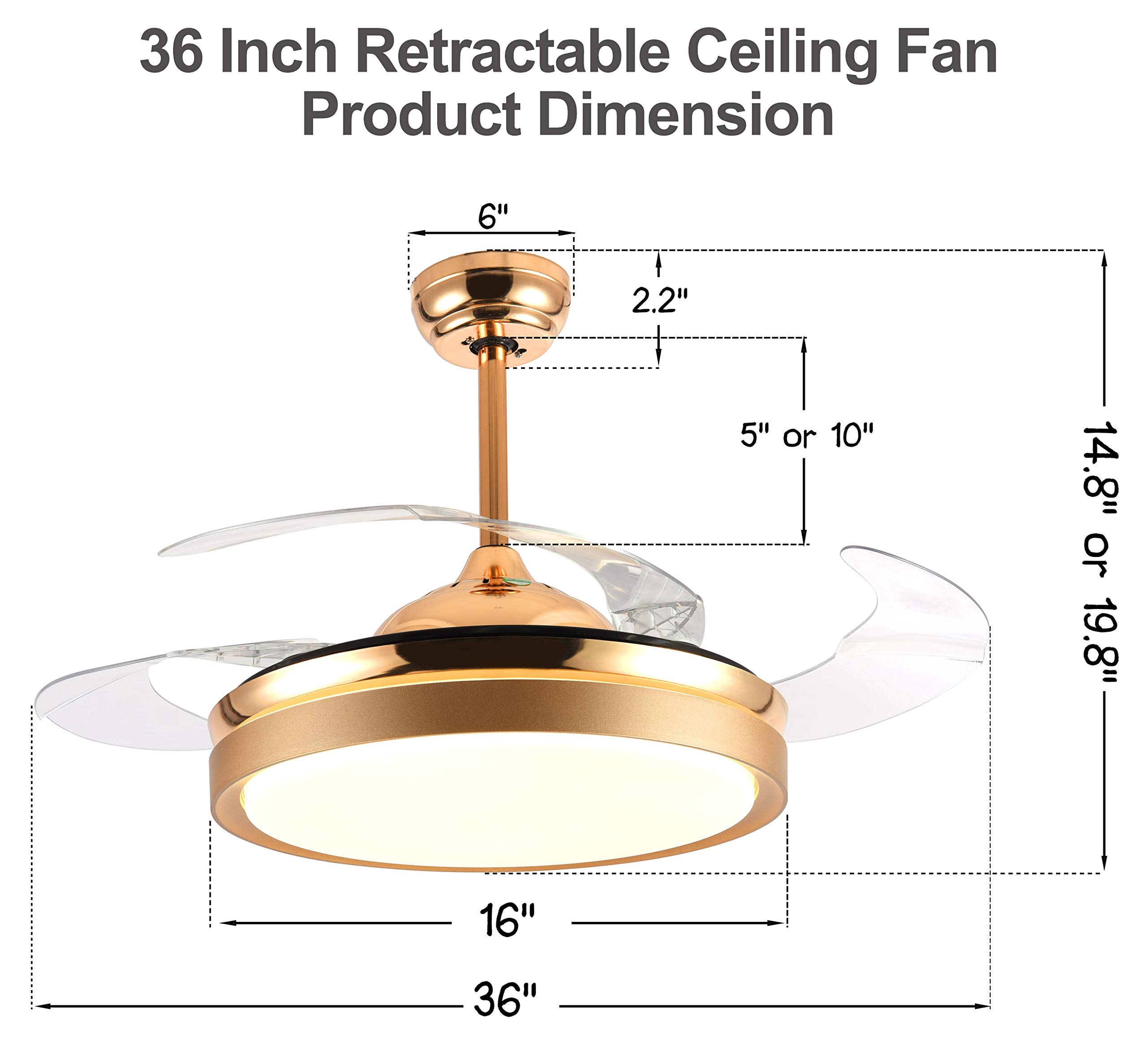 36 Inch Retractable Ceiling Fan with LED Light & Remote Control - Modern Dimmable 3-Color Blades for Bedroom, Living Room & Dining Room - Energy Efficient Gold Finish Home Cooling Solution for Year-Round Comfort