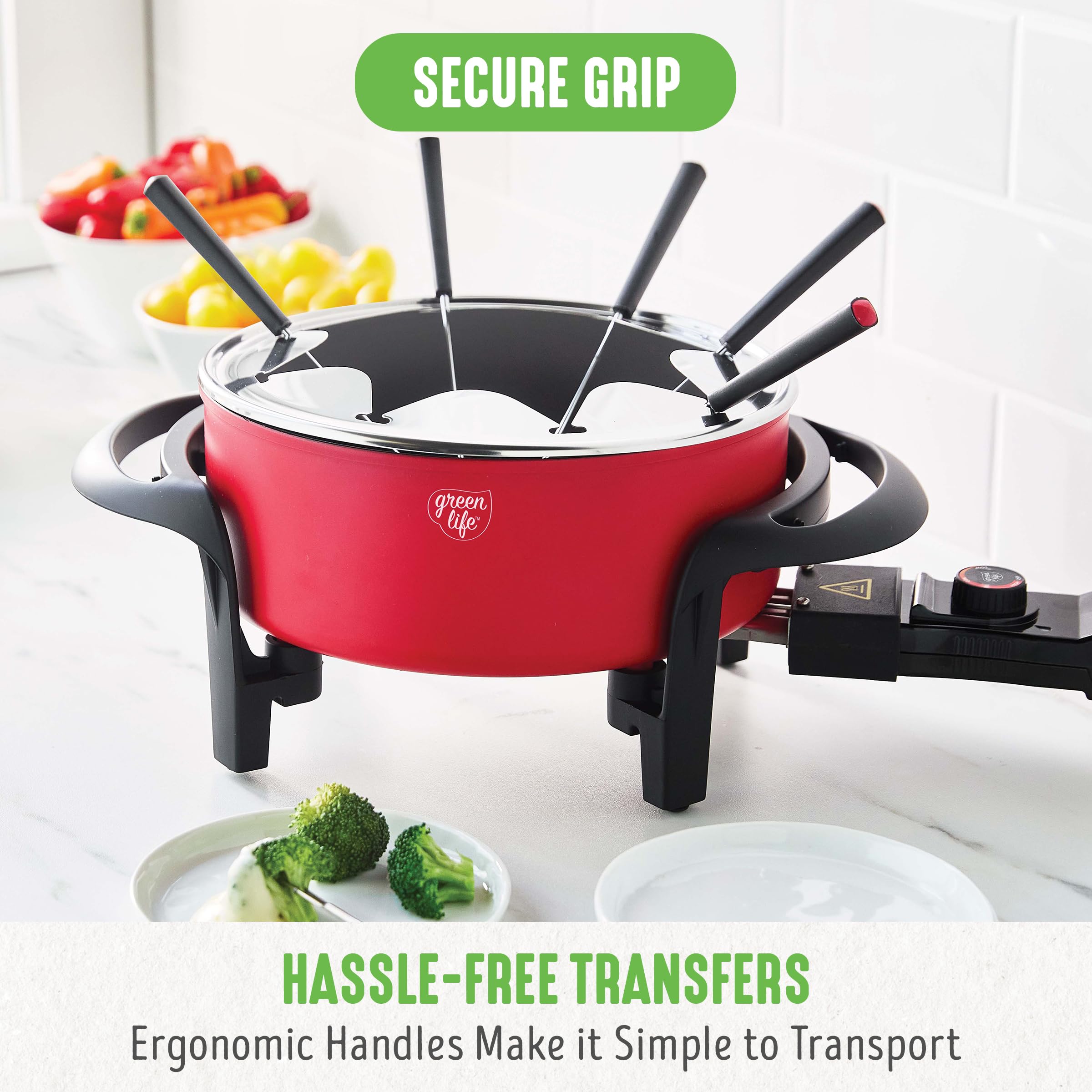 GreenLife 14 Cup Electric Fondue Pot Set for Cheese, Chocolate & Meat - 8 Color Coded Forks, Ceramic Nonstick Coating, Adjustable Temp Control, PFAS-Free (Red) - Perfect for Parties, Family Gatherings & Romantic Dinners
