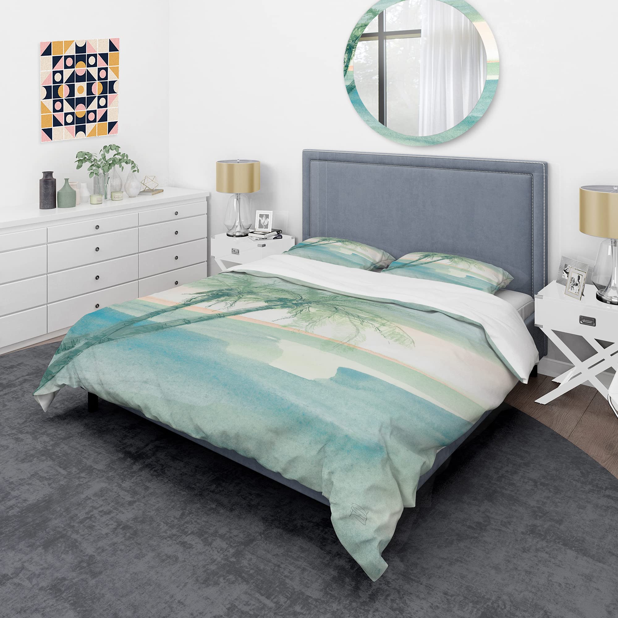 DesignQ Peaceful Dusk Tropical Duvet Cover Set - Queen Size Blue Beach Bedding (3-Piece) | All Season Comfort for Coastal & Boho Bedroom Decor