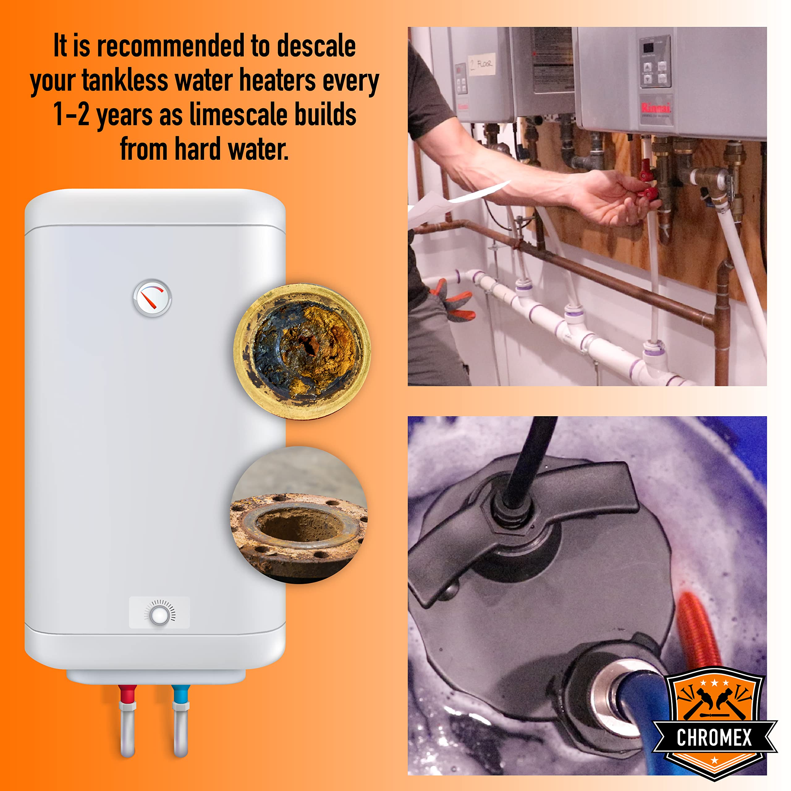 Chromex Tankless Water Heater Descaler Kit - Eco-Friendly Lime Scale Remover for Tankless Heaters (Works with Vinegar or Any Descaler) - Perfect for Home, RV & Commercial Use