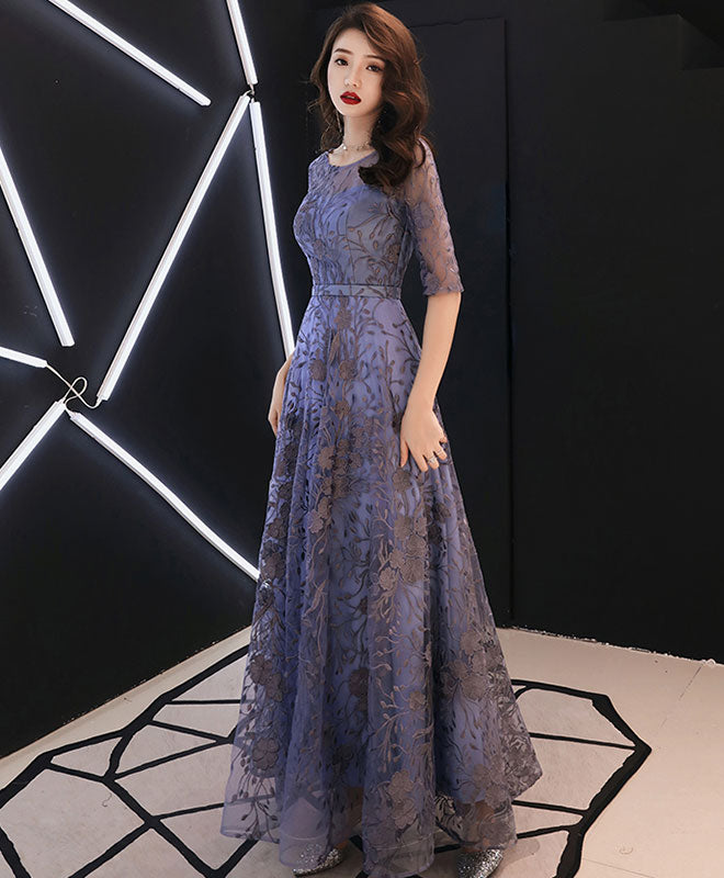 Elegant Blue Round Neck Tulle Lace Long Prom Dress for Women - Formal Evening Gown for Homecoming, Wedding, Party & Special Occasions