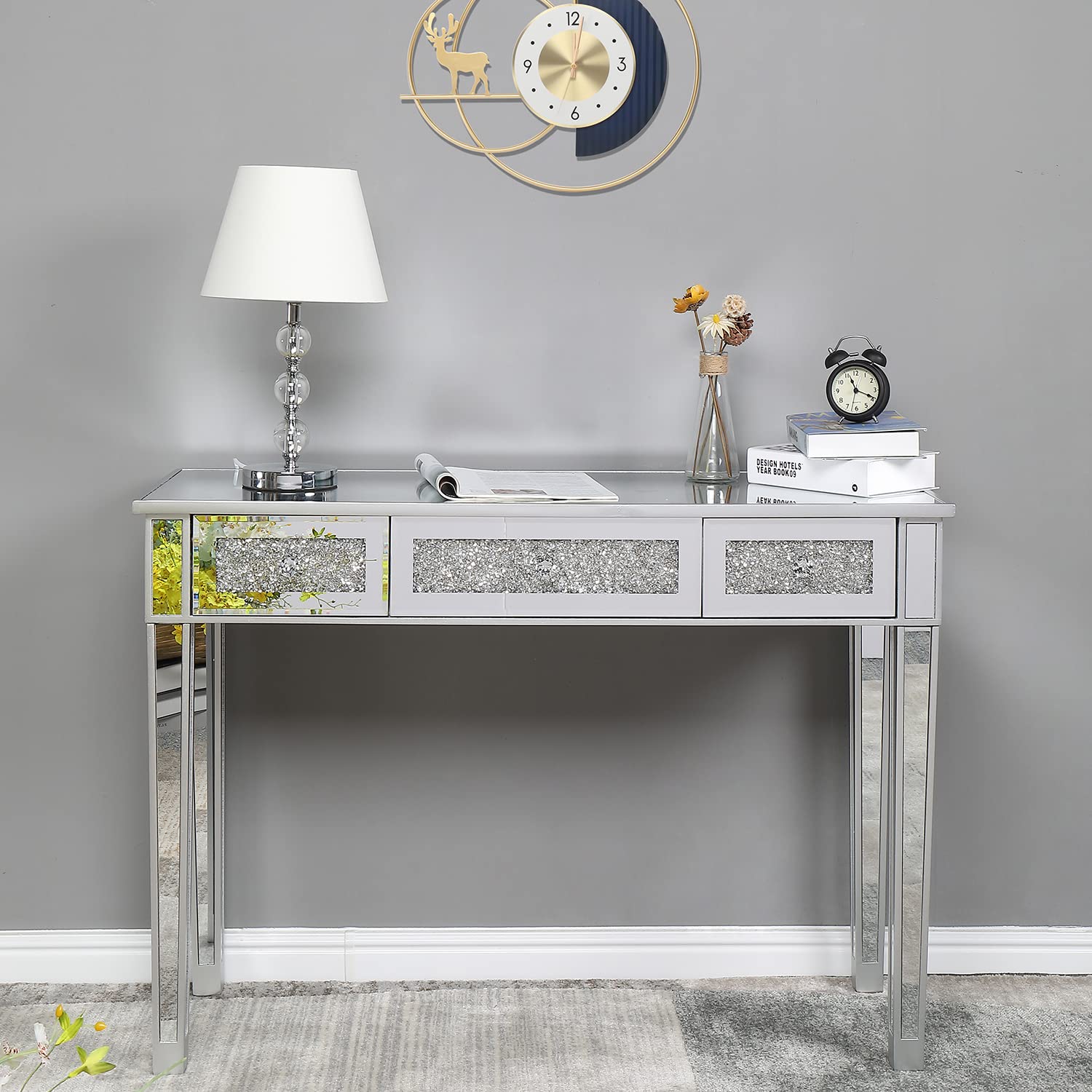 Modern Mirrored Console Table with 3 Drawers - Vanity Dressing Table, Sofa Side Table & Entryway Desk for Home Office, Bedroom & Hallway - Perfect for Makeup, Storage & Living Room Decor
