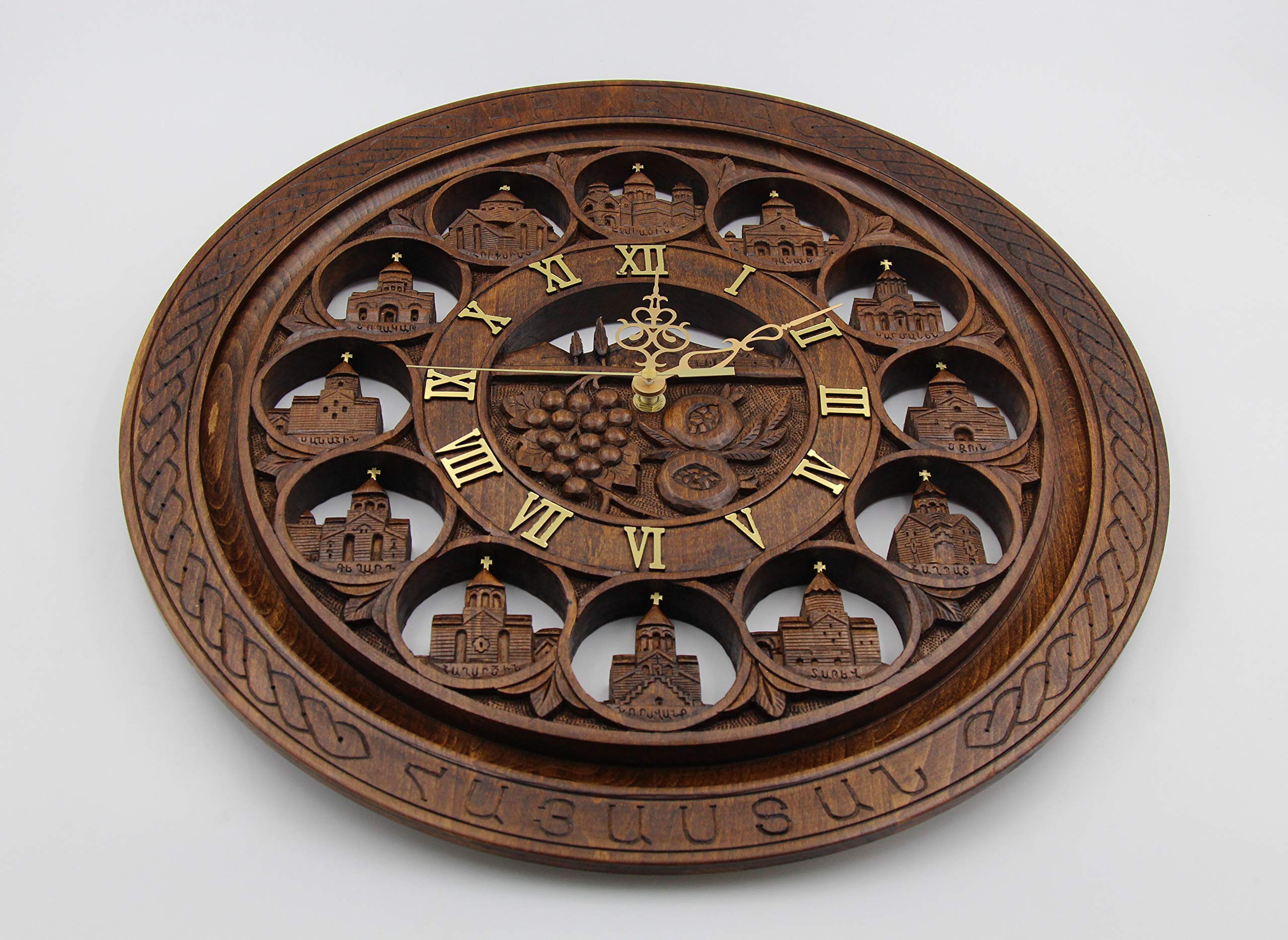 Handmade Wooden Wall Clock - Armenian Church & Mount Ararat Carved Decor - Unique Wood Art Gift for Home, Office & Church Decorations