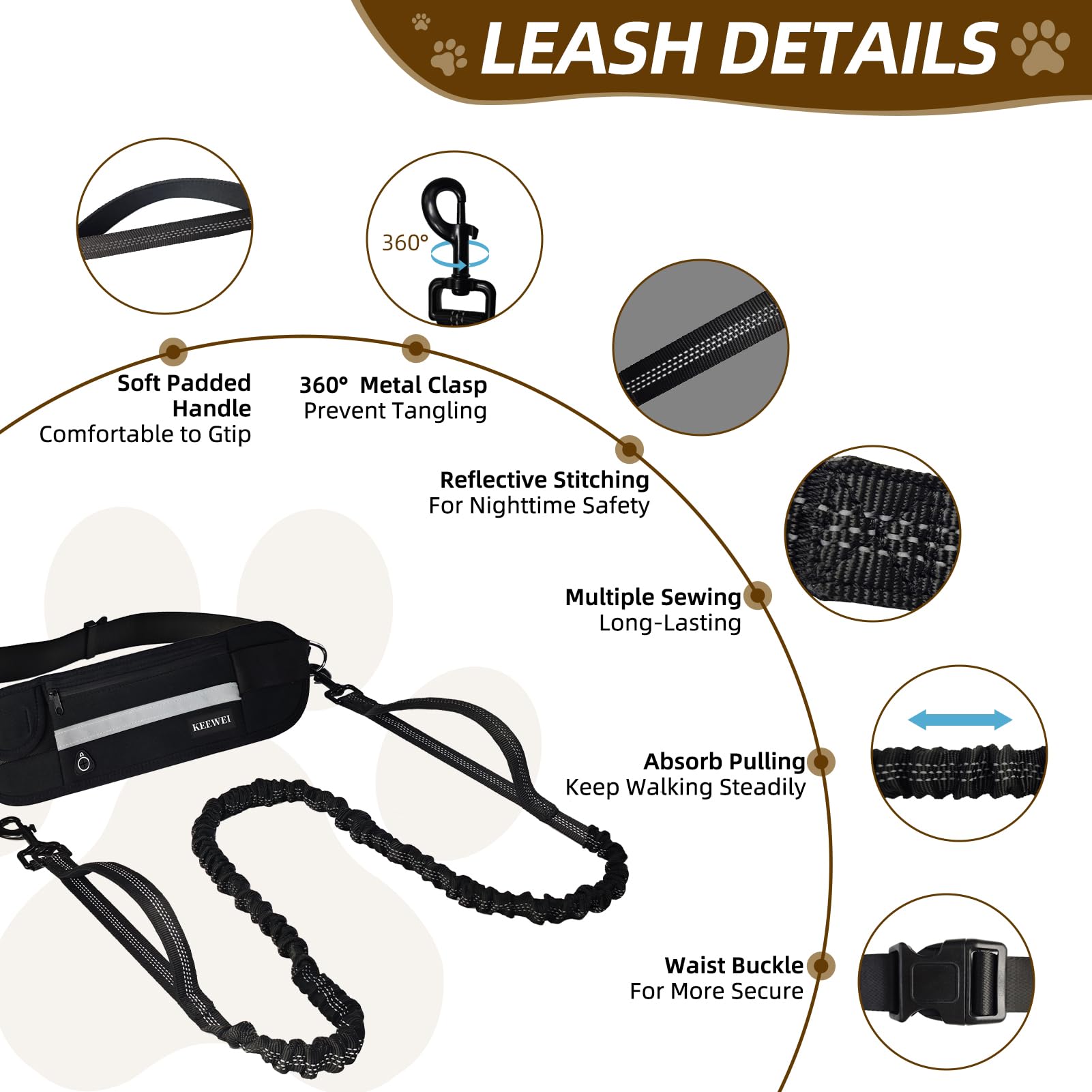 Hands Free Dog Leash with Zipper Pouch - Dual Padded Handle Waist Belt for Small & Medium Dogs | Retractable Bungee Leash with Reflective Stitches | Perfect for Running, Walking, Jogging & Training (Black)