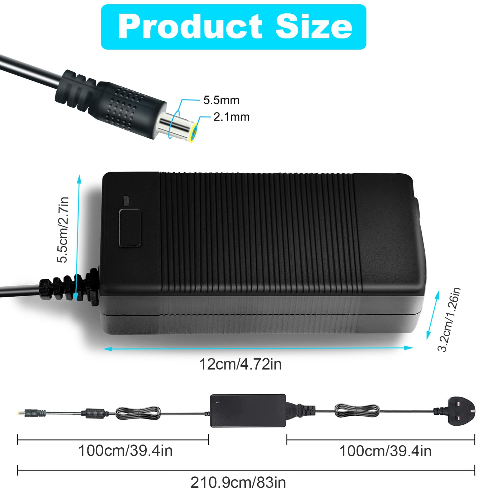 12V 5A 60W Power Supply Adapter, AC 100-240V to DC 12V 5A Converter with 5.5mm x 2.1mm Jack - for CCTV Security Cameras, DVR Systems, LED Strip Lights - UK 3-Pin Plug (Ideal for Home & Office Security Setup)