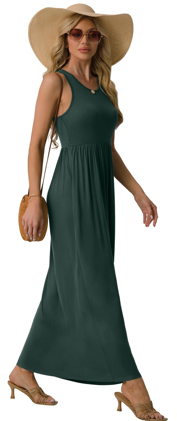 GRECERELLE Women's Floral Print Sleeveless Racerback Maxi Dress with Pockets - Summer Beach Wedding, Vacation & Casual Wear Long Dress