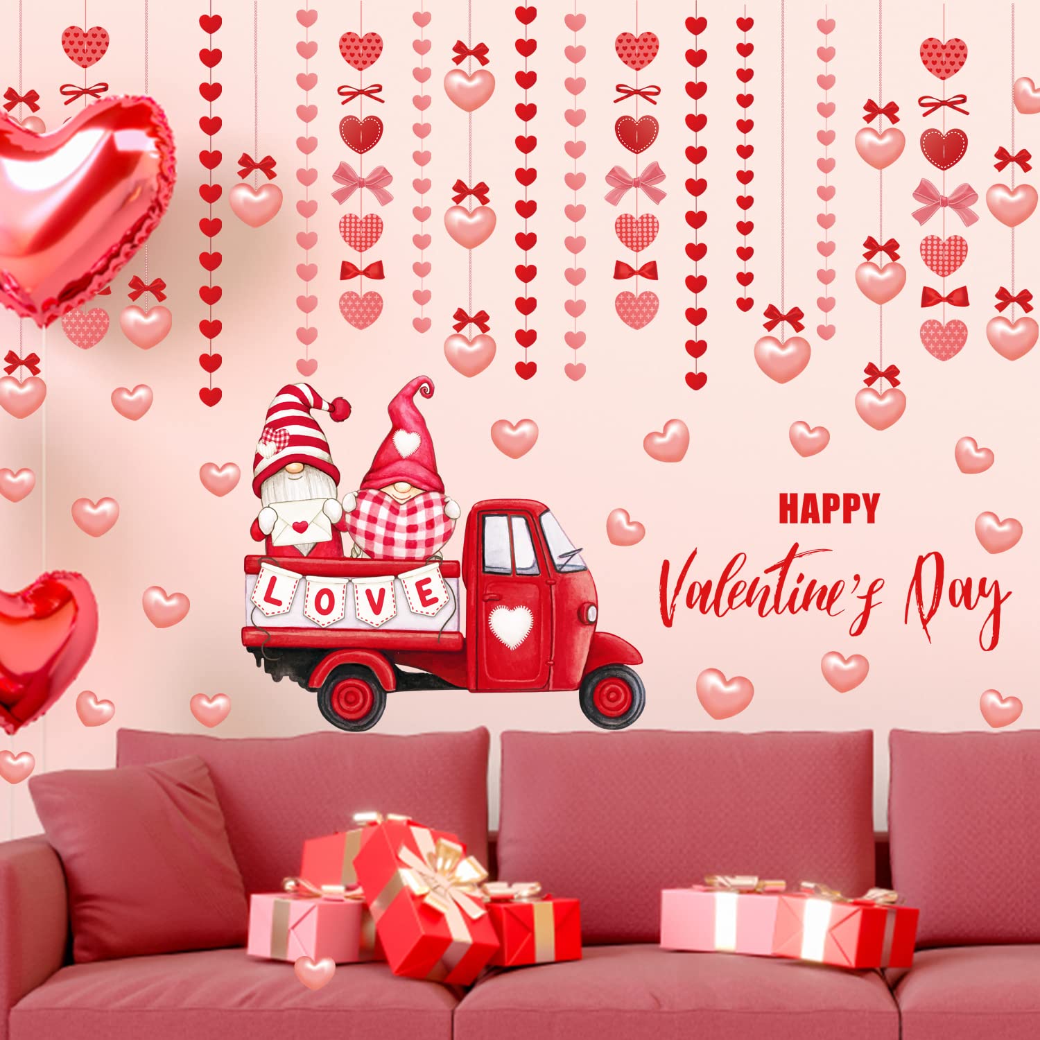Valentines Day Wall Decals - Love Heart & Gnome Red Truck Peel and Stick Wall Stickers for Living Room, Bedroom, Window Decor - Perfect for Anniversary Party, Romantic Home Decor & Seasonal Celebration