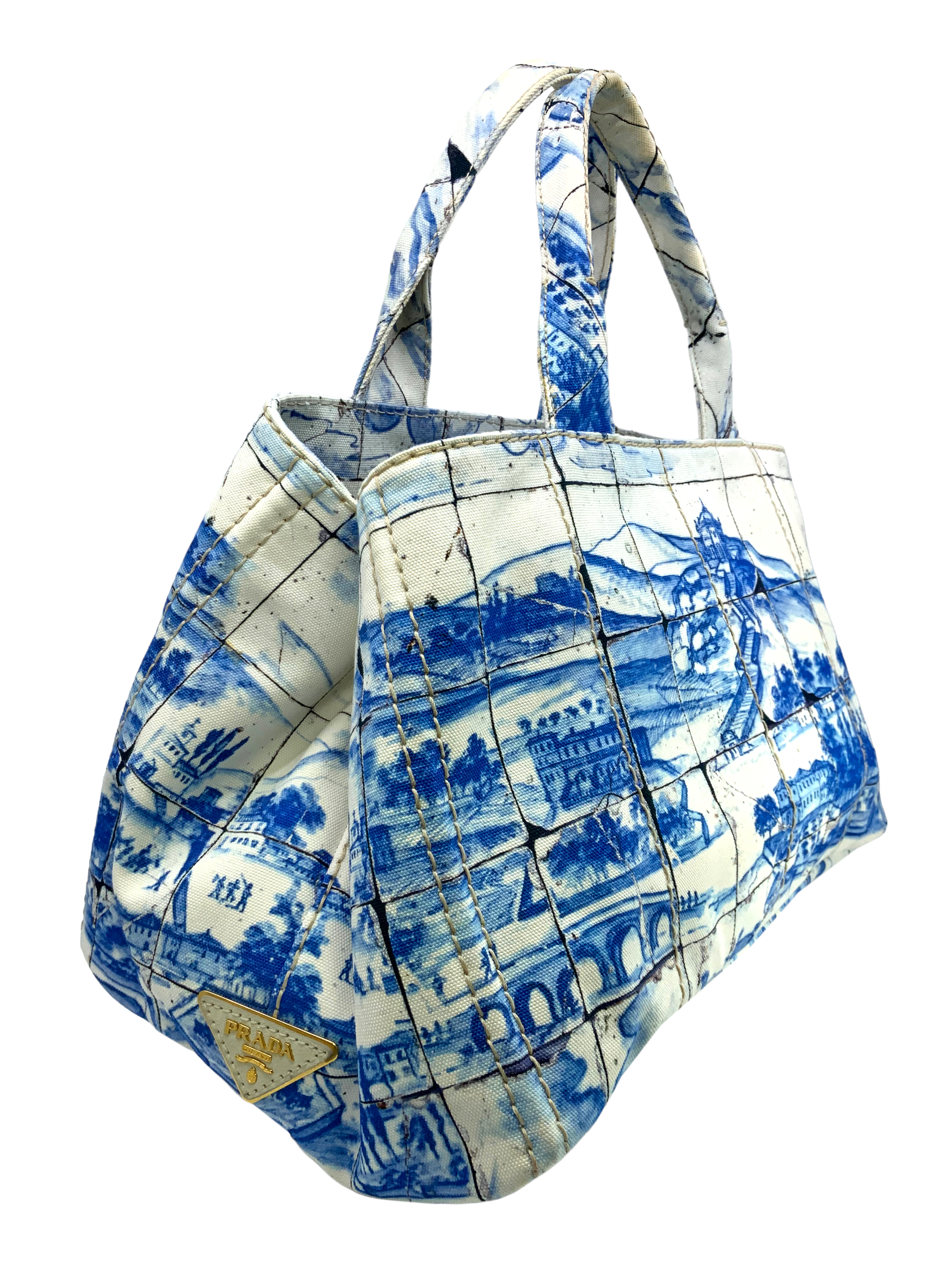 PRADA Canapa Azulejos Large Tote Bag for Women - Stylish Canvas Handbag with Leather Trim, Perfect for Work, Travel & Everyday Use