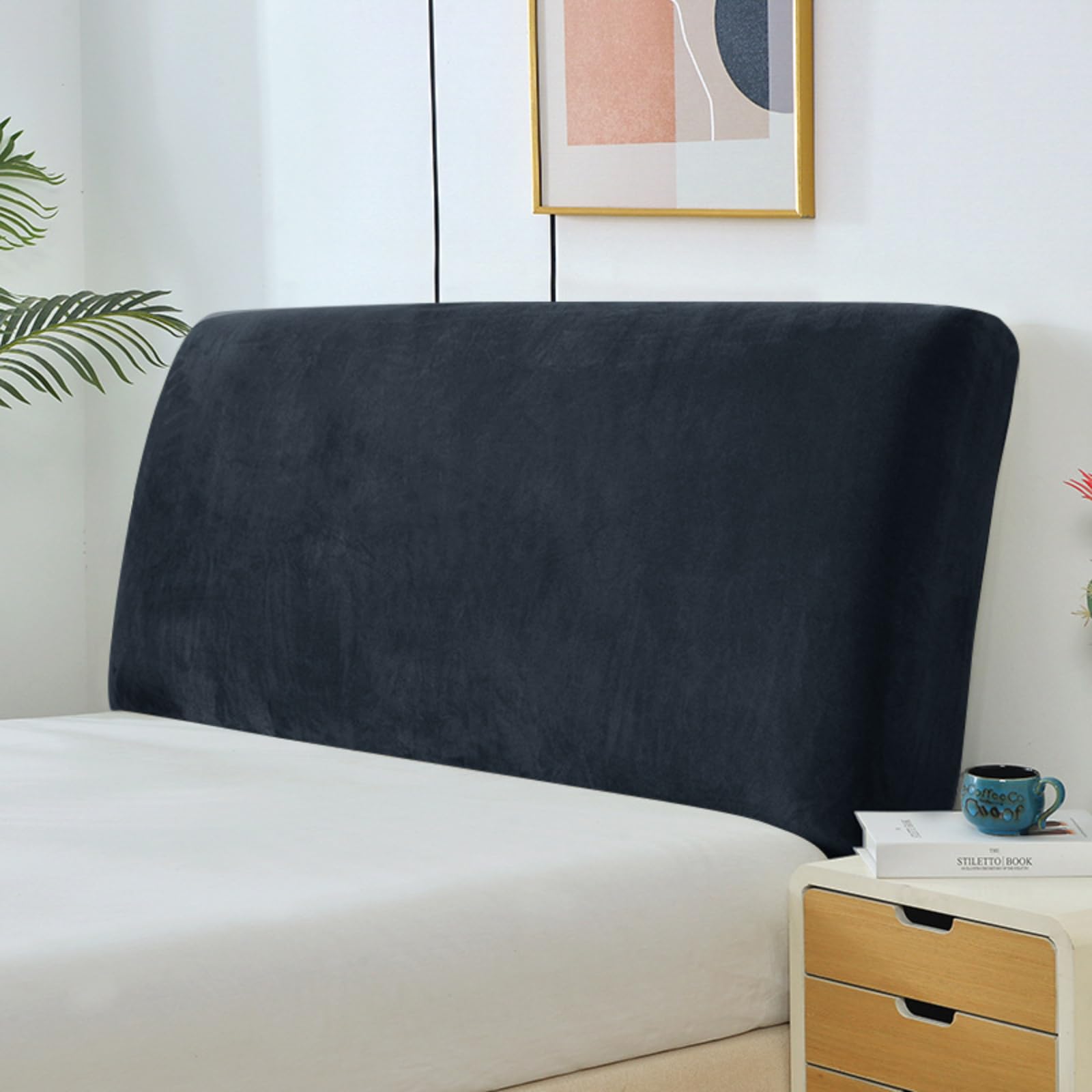EFELIM Velvet Bed Headboard Slipcover - Stretch Upholstered Dustproof Protector for Queen/Full/Cal King Size (Black, 79