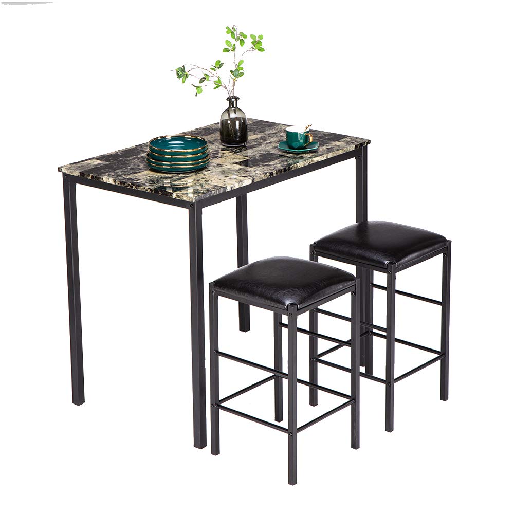 Teeker 3-Piece Modern Dining Set with Marble Tabletop & Cushioned Chairs - Black Kitchen Table & 2 Chairs for Small Spaces, Breakfast Nooks & Apartments