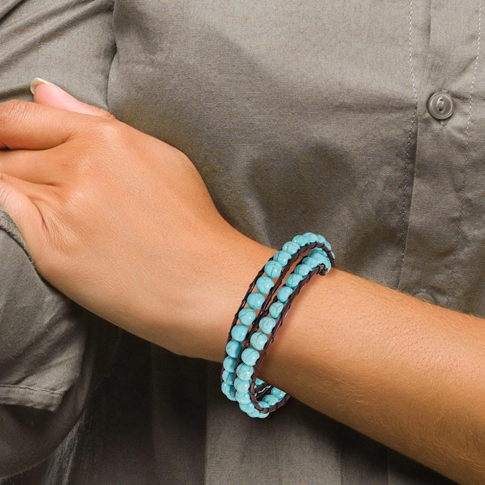 6mm Dyed Turquoise Leather Cord Multi-Wrap Bracelet - Handmade Fine Jewelry for Women, Adjustable 14