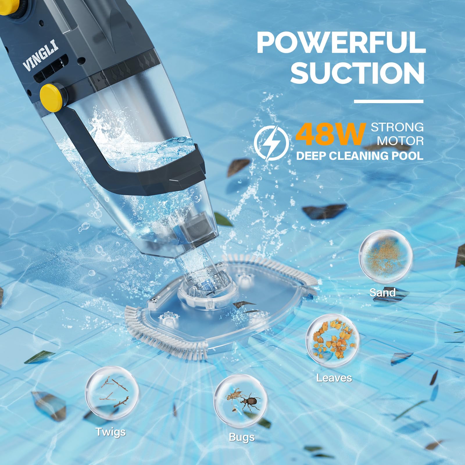 VINGLI Cordless Rechargeable Handheld Pool Vacuum Cleaner - Ideal for Above Ground & In Ground Pools, Hot Tubs, Spas - Lightweight Portable Design (Yellow & Grey) | Perfect for Quick Pool Maintenance, Backyard Cleaning & Water Feature Care