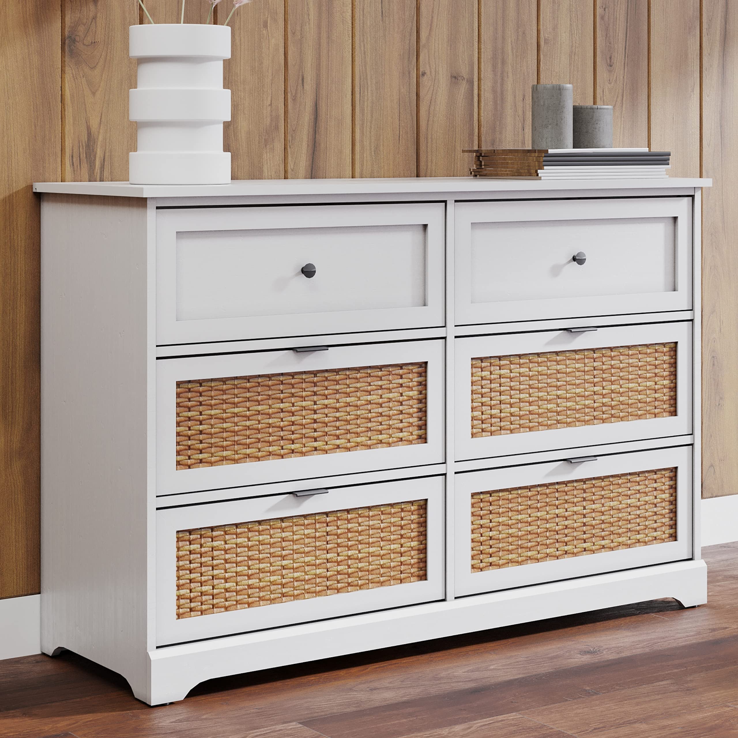 DG Casa Orbec Modern 6-Drawer Storage Organizer Chest with Metal Handles - White & Faux Rattan Dresser for Bedroom, Living Room, Closet & Entryway Organization | Space-Saving Furniture for Small Apartments & Home Decor