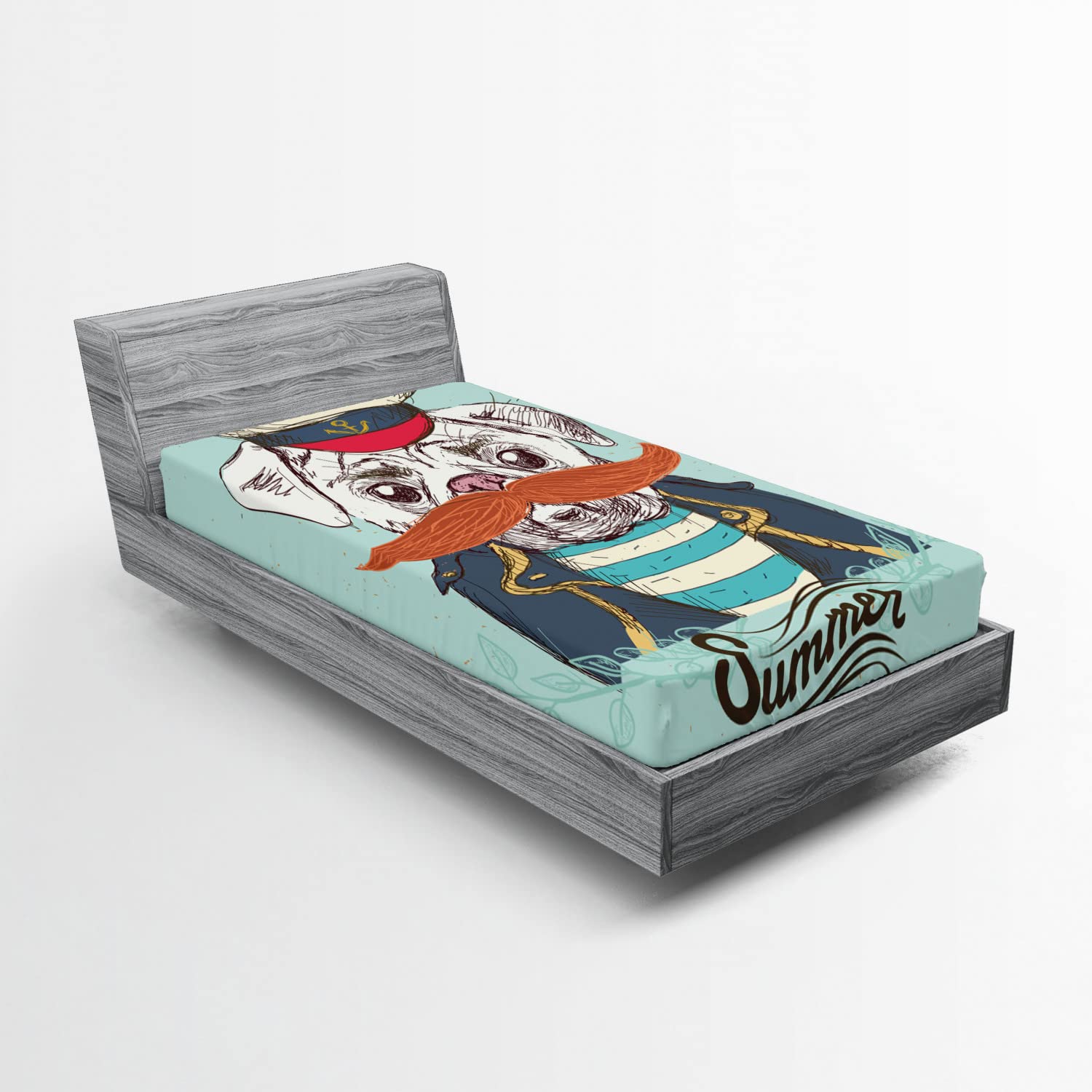 Ambesonne Pug Fitted Sheet - Twin XL, Pale Blue Navy Blue for Bed Comfort
