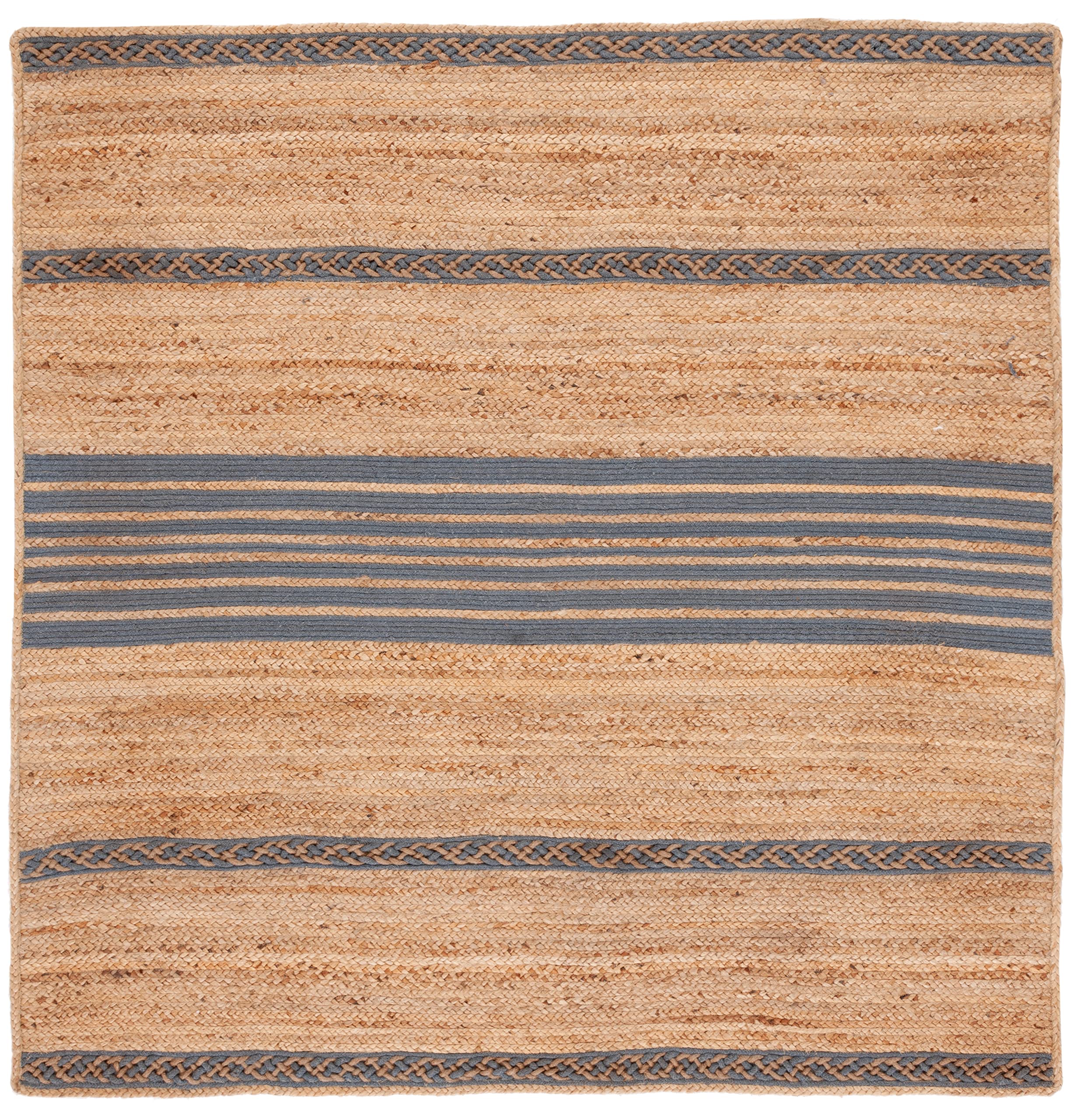 SAFAVIEH Handmade Braided Jute Area Rug 6'x6' Square - Natural & Grey Boho Farmhouse Stripe Design | Natural Fiber Collection NFB262F | Perfect for Living Room, Bedroom, or Boho Chic Home Decor