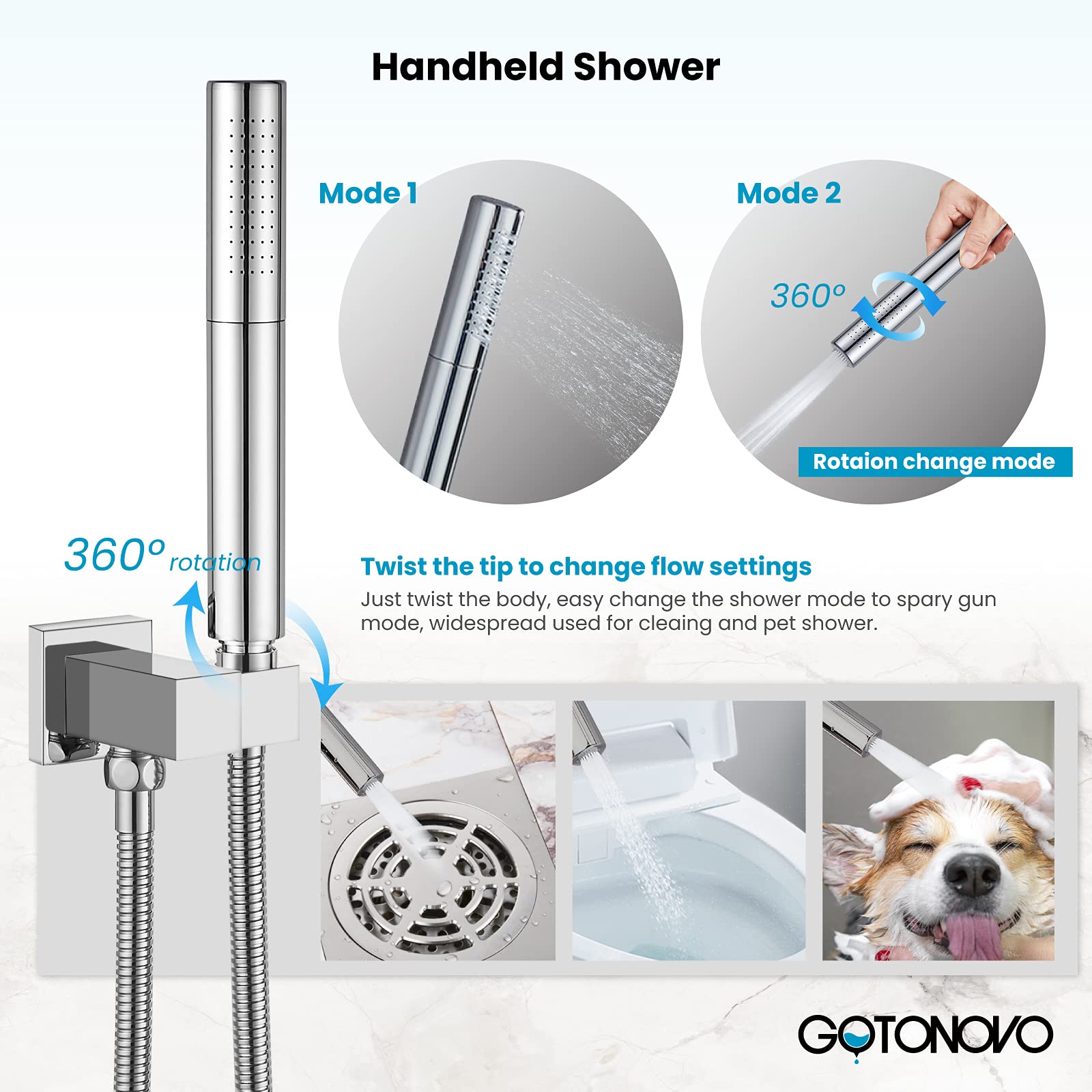 Gotonovo 12 Inch Chrome Polished Ceiling Mount Shower Faucet Set - Square Rainfall Showerhead & 2-in-1 Cylindrical Handheld Shower with Rough-in Valve | Luxury Bathroom Shower System for Modern Homes & Spa-Like Experience