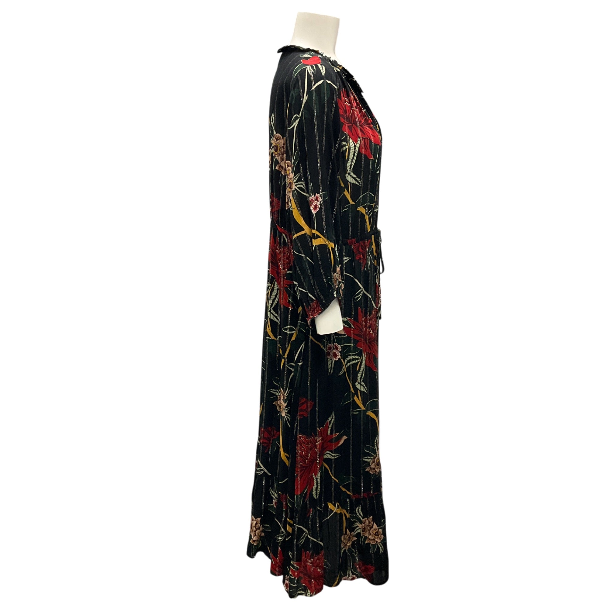 Ba&sh Black Noir Patty Floral Print V-Neck Flounce Midi Dress for Women | Elegant Party & Cocktail Dress for Evening Events, Weddings & Date Nights