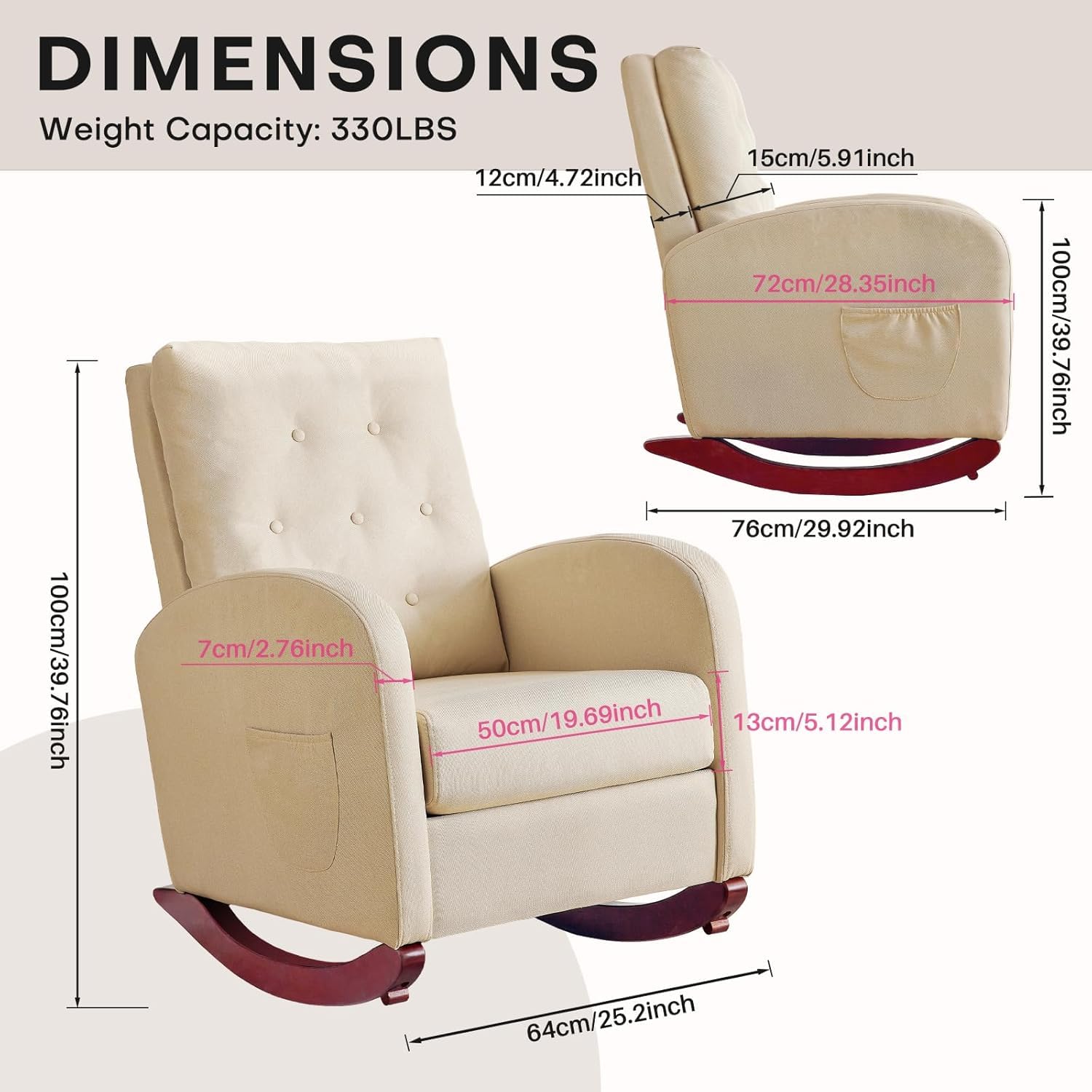 Redlife Nursery Rocking Chair - High Back Linen Upholstered Glider Rocker with Side Pocket for Living Room, Bedroom, Nursery - Comfortable Indoor Rocking Chair for Nursing, Reading & Relaxation (Beige)