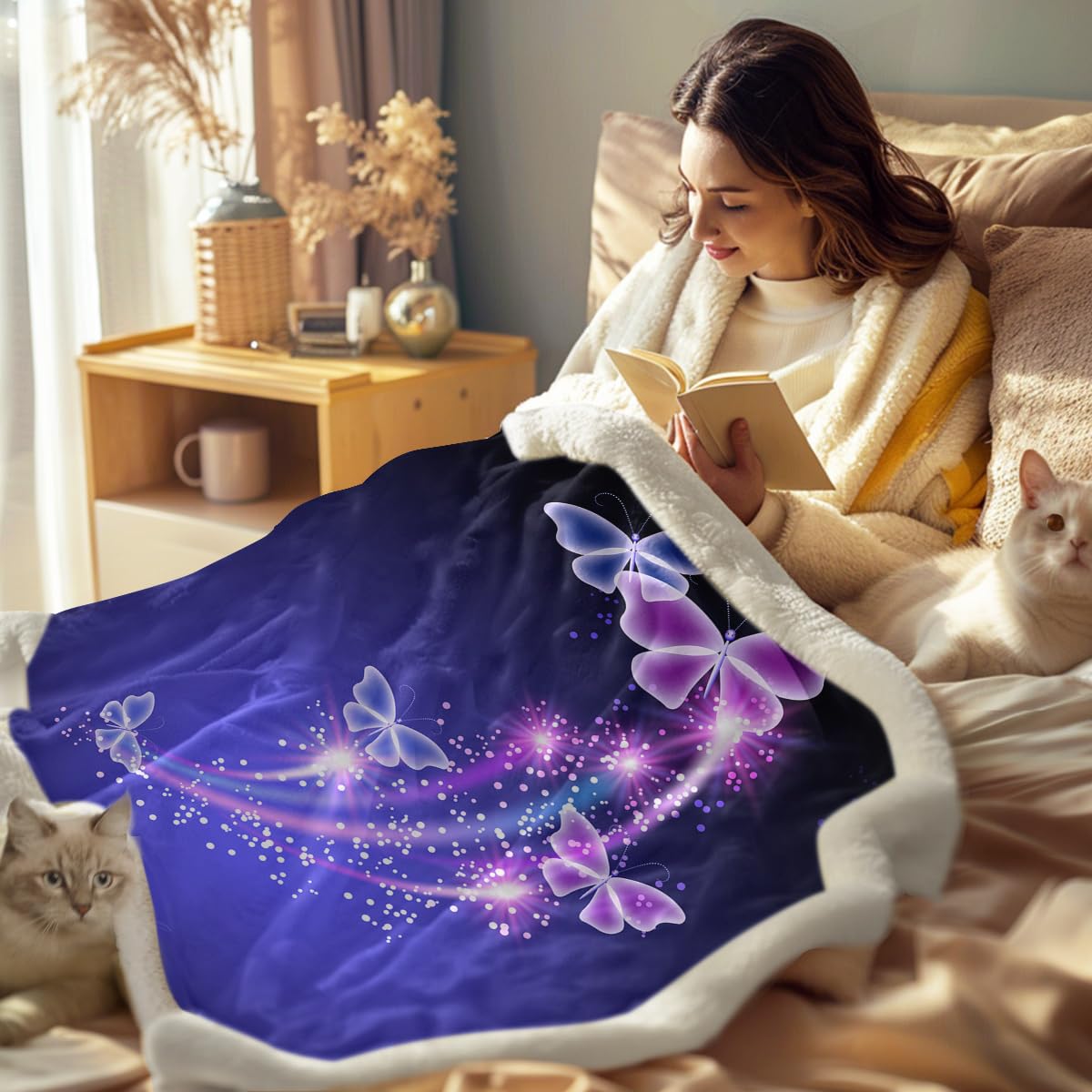 Sleepwish Blue Purple Fleece Throw Blanket - Soft Glowing Butterflies Sherpa Plush Blanket for Baby (30