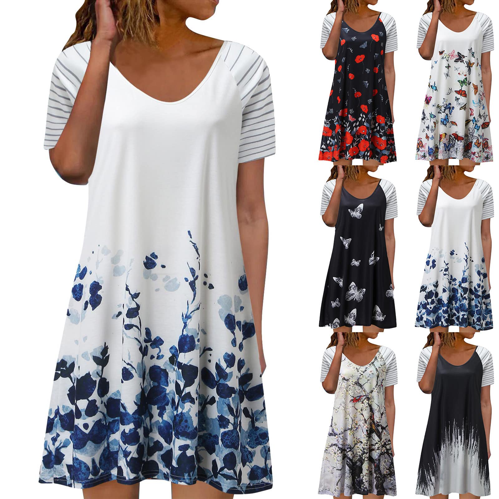 Women's Casual Summer Short Sleeve Midi Dress - Bohemian Floral Sun Dress with Knee Length for Beach, Vacation & Outdoor Activities