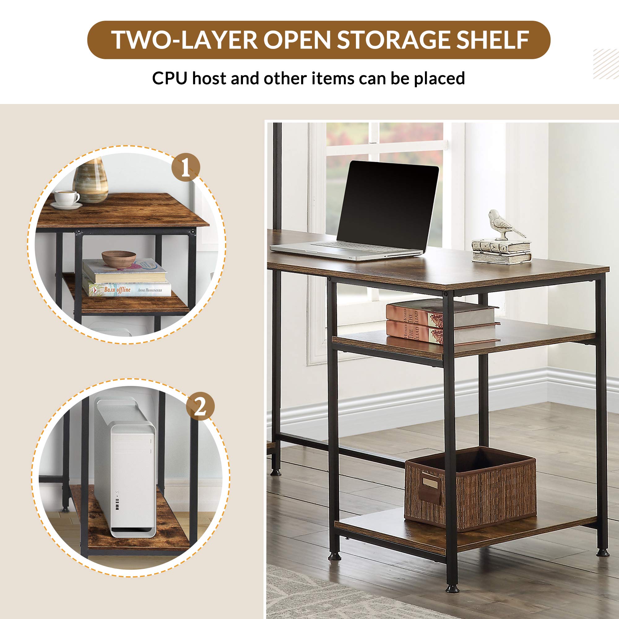 Modern Large Office Computer Desk with Bookshelf & Storage Shelves - Study Table PC Workstation for Home Office, Gaming & Remote Work - Brown