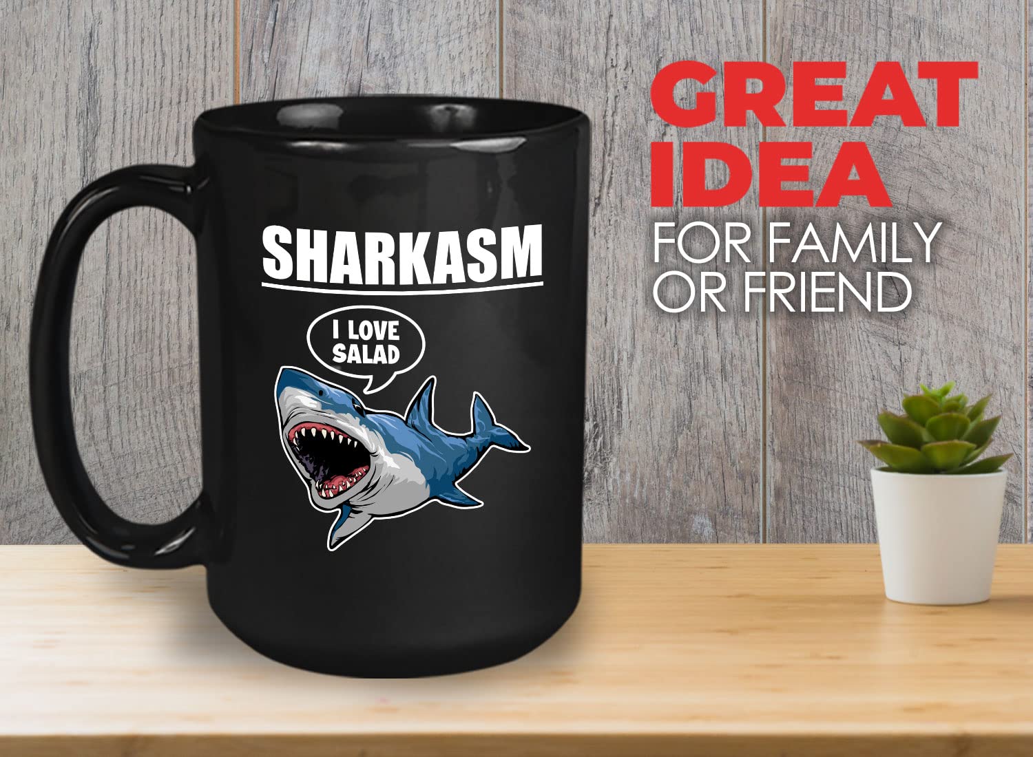 Bubble Hugs Sarcastic Coffee Mug 15oz Black - Sharkasm 'I Love Salad' Funny Shark Lovers Gift - Office Humor for Coworkers, Vegan Jokes - Perfect for Coffee Breaks & Desk Decor